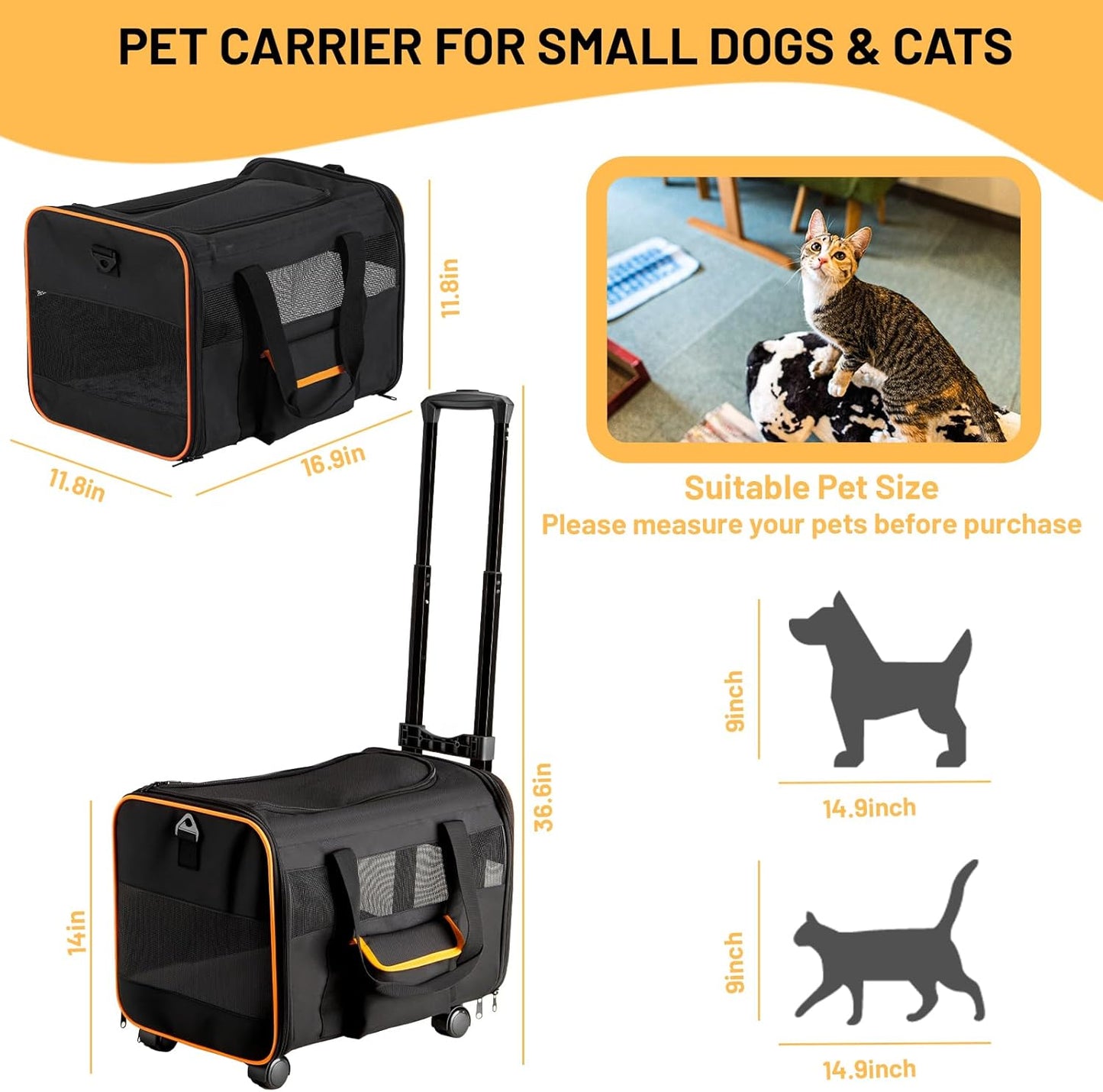 UNICITII Pets Carrier for Small Cat, Dog Medium Cats Puppies up to 20 Lbs, Airline Approved Carrier Soft Sided, Collapsible Travel Puppy Carrier (Grey-with Wheels)