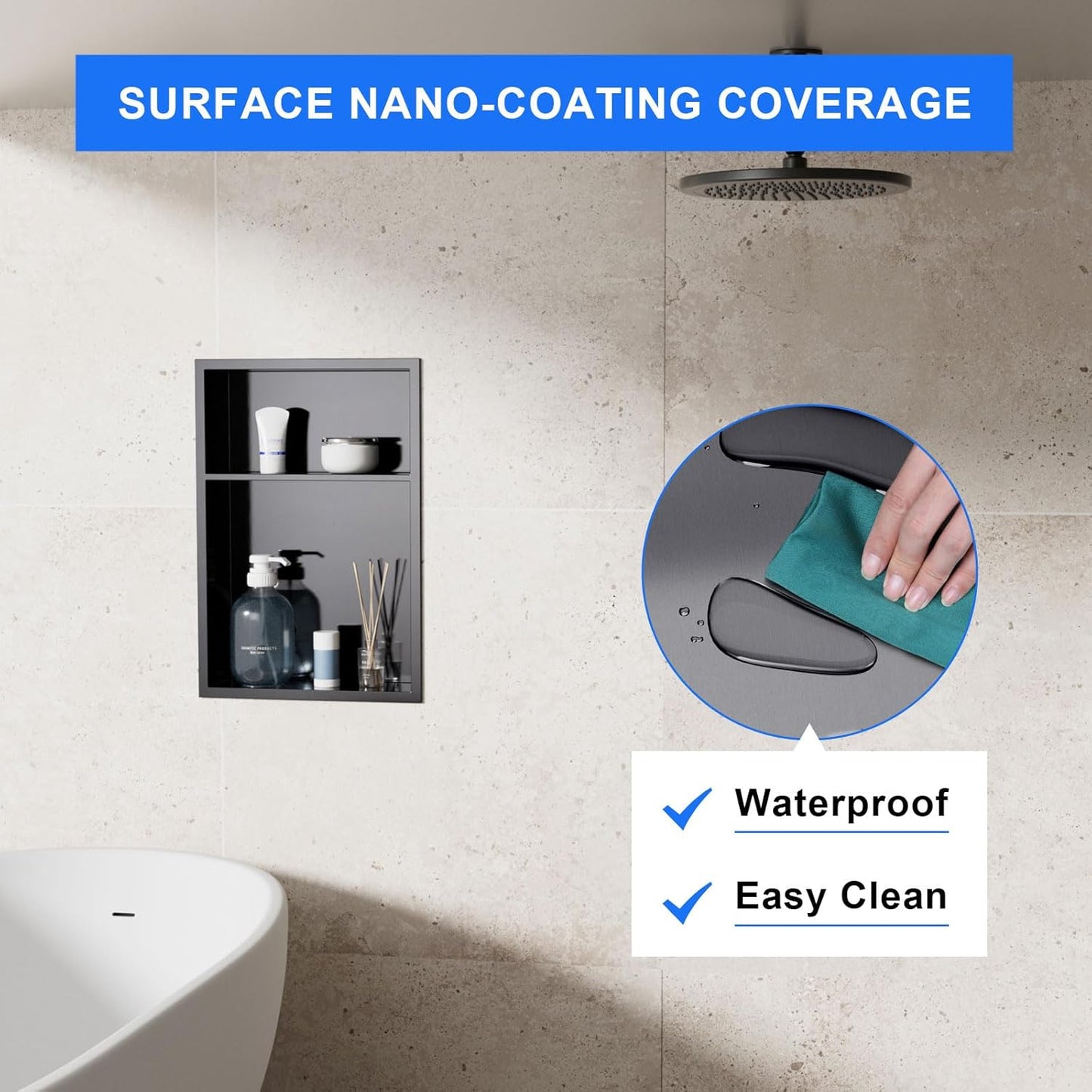 MENATT No Tile Shower Niche, Stainless Steel Wall Niche 13"X19"(Inner Size 12"X18"), Two-Tier Bathroom Shelf, NO Tile Needed Recessed Niche Shower for Bathroom Storage, Black