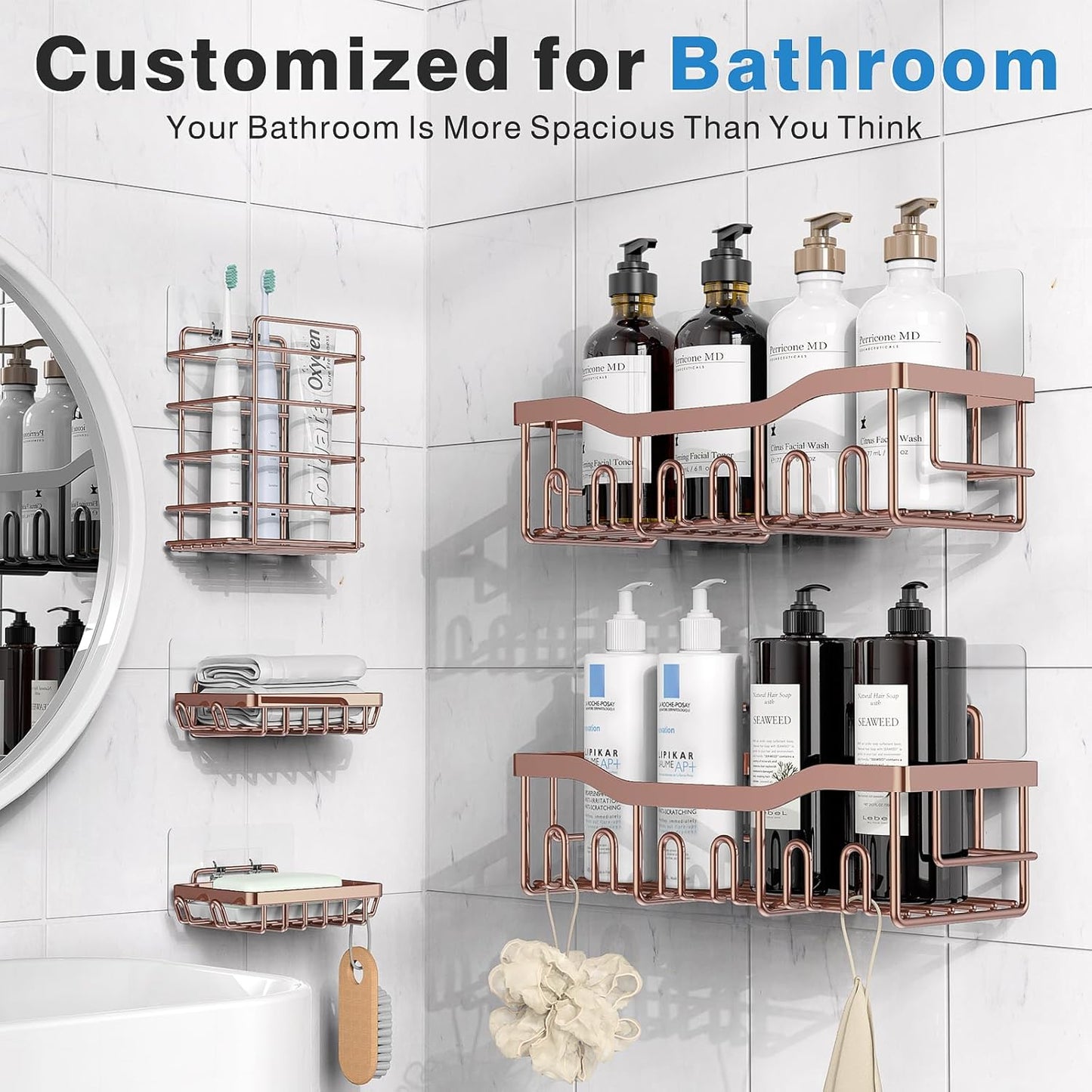 EUDELE 5-Pack Rustproof Stainless Steel Shower Caddy – No Drill Adhesive Bathroom Organizer with Large Capacity, Spacious Shower Shelves for Inside Shower, Kitchen & Home Decor Storage - PuriLite