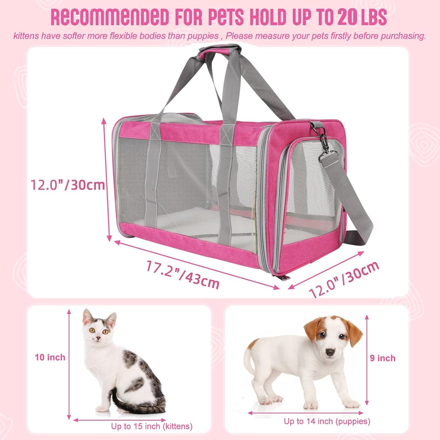 Pet Carrier for Large Cats of 20 Lbs, Collapsible Carrier Bag for Big Cat or 2 Kittens,Soft Sided Puppy Carrier with Sturdy Travel Transport Strap, Adequate Ventilation, 4 Mesh Windows (Blue)