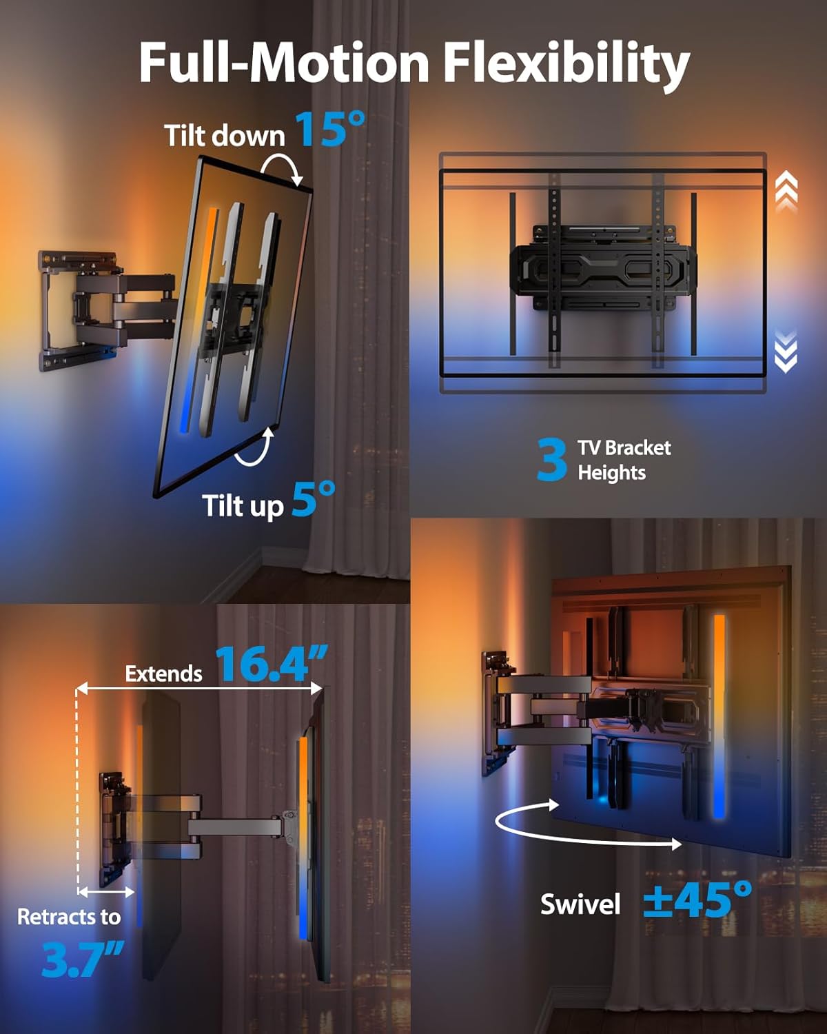 Pipishell Pre-Assembled TV Wall Mount with LED Lights for 26-65 inch TVs up to 99 lbs, Max VESA 400x400mm, Swivel, Extension, Tilt, TV Backlights with Music Sync, Fits 16”/12” Wood Studs, PIMF20