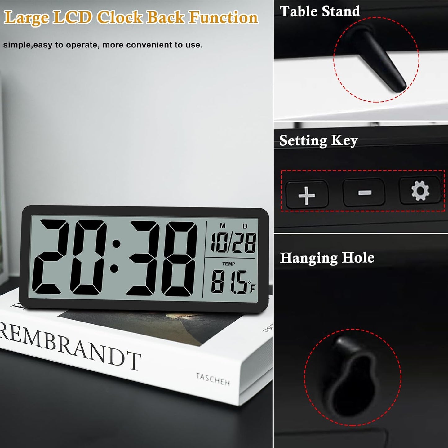 QINYUNE Digital LCD Wall Clock Easy to Set, 8.5 Inch LCD Screen with Time/Date/Temperature Display,Simple Digital Desk Clock with 12/24H for Bedroom Living Room Office