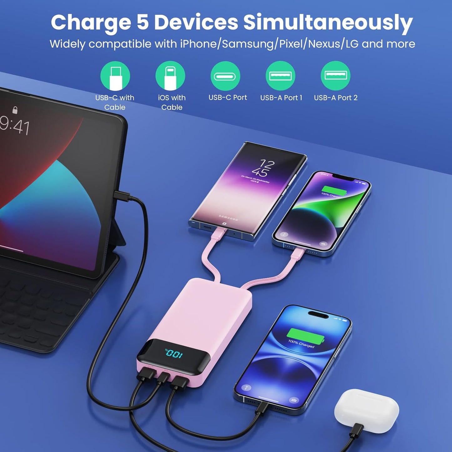 Power Bank 40800mAh Portable Charger with 3 Built-in Cable,25W PD USB C in&Out Power Bank Fast Phone Charging,QC4.0 LED Display Portable Battery Pack Compatible with iPhone 16/15,Samsung Android-Black