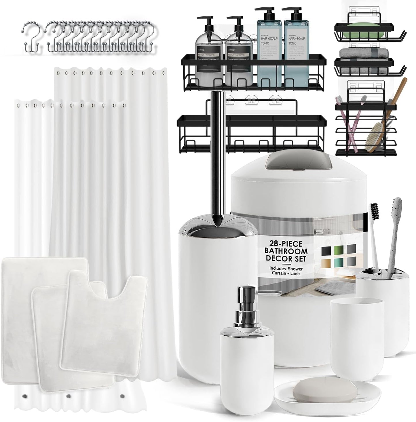 Clara Clark Bathroom Set - Gray Bathroom Accessories Set, Bathroom Sets with Shower Curtain and Rugs, 23PC Shower Curtain Set with Liner, Soap Dispenser, Soap Dish, Toilet Brush Holder, and Trash Can