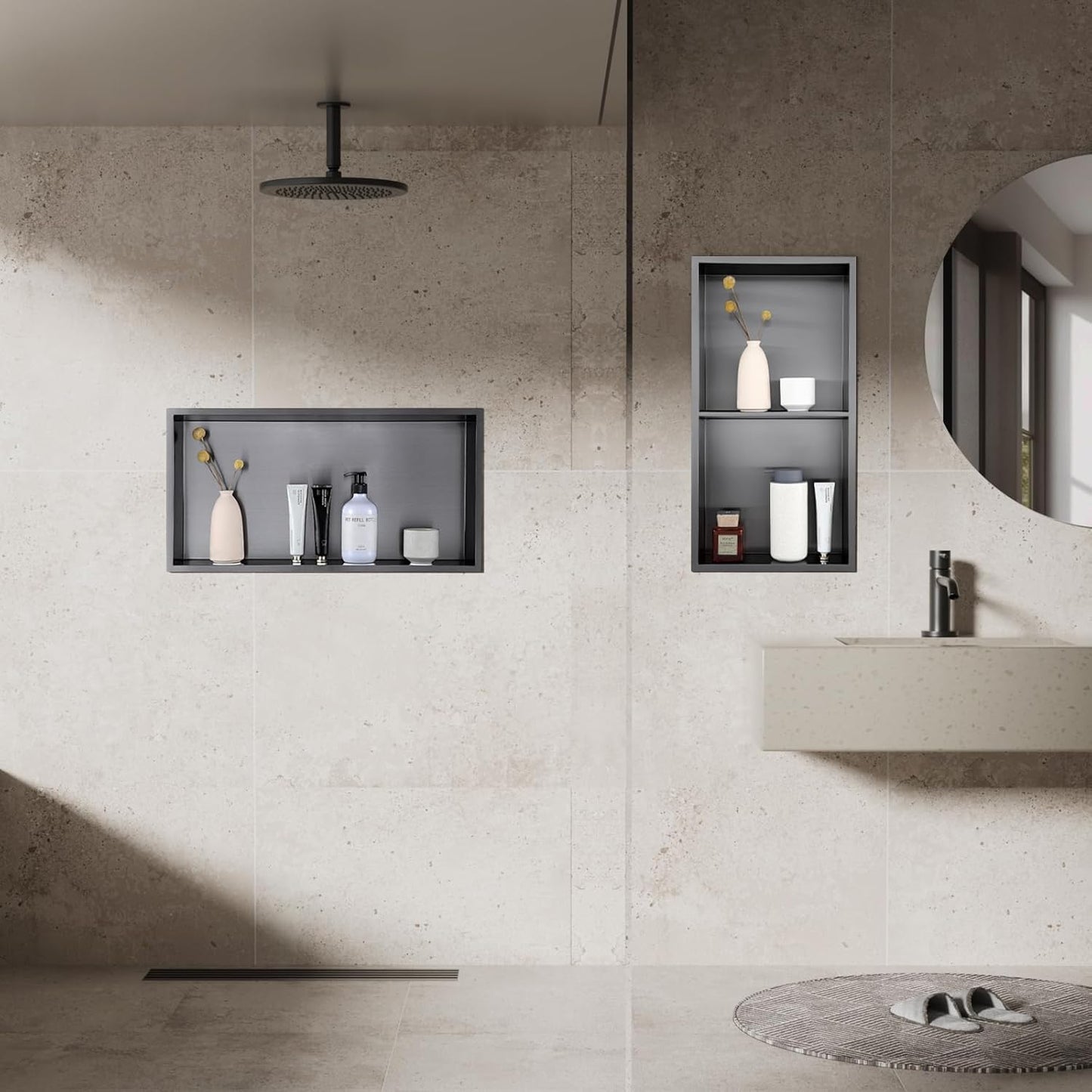 MENATT No Tile Shower Niche, Stainless Steel Wall Niche 13"X19"(Inner Size 12"X18"), Two-Tier Bathroom Shelf, NO Tile Needed Recessed Niche Shower for Bathroom Storage, Black