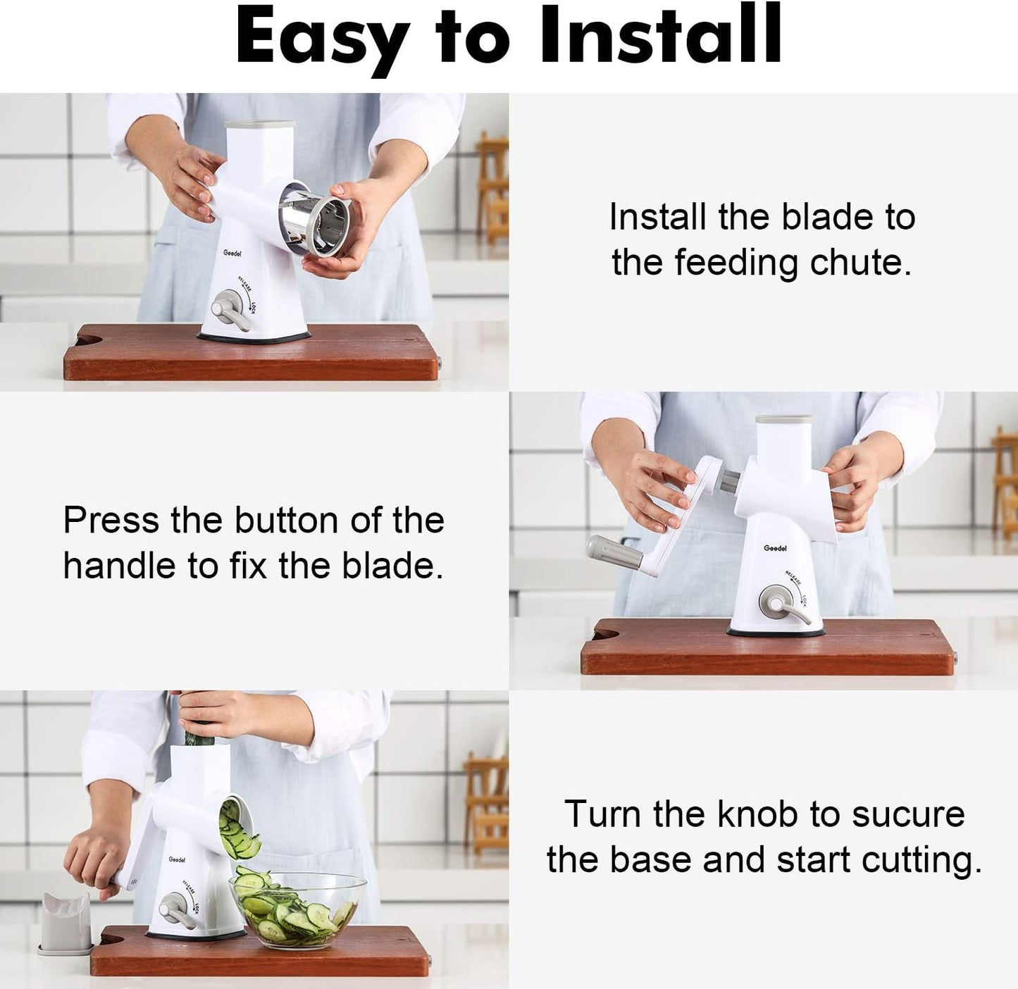 Geedel Kitchen Cheese Grater, Rotary Mandoline Vegetable Slicer with Interchangeable Blades, Easy to Use Rotary Grater Slicer for Fruit, Vegetables, Nuts
