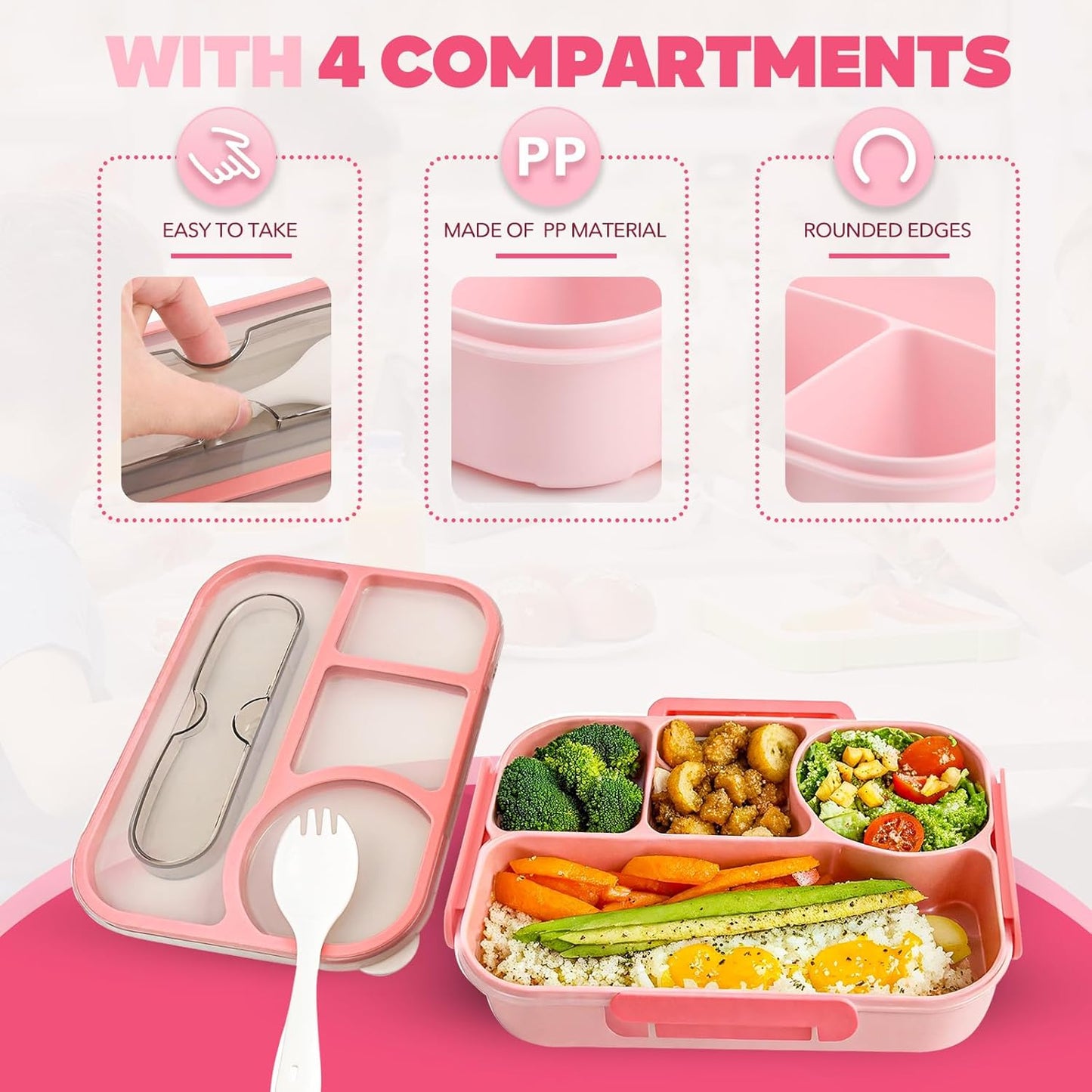 Bento Box Adult Lunch Box with 4-Compartment Leakproof Lunch Containers Microwave and Dishwasher Safe Bento Box with Spoon