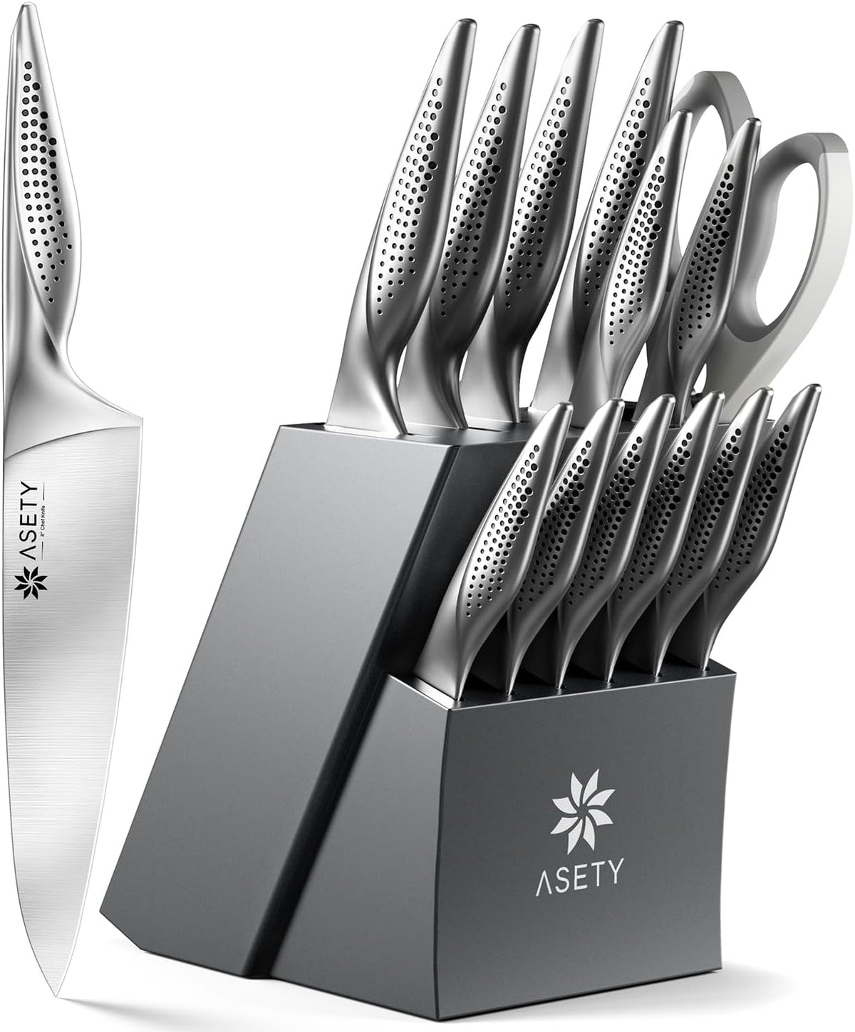 ASETY Knife Block Set, 15 PCS Knives Set for Kitchen, Stainless Steel