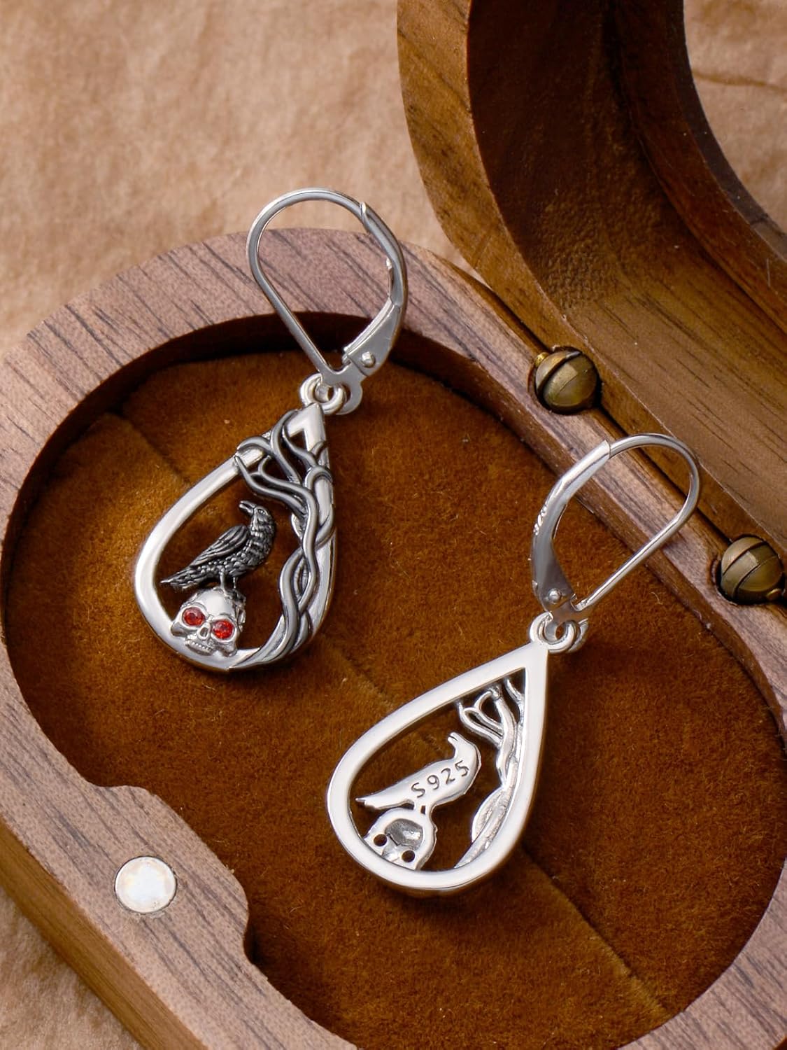 Lypic Crow Skull Earrings 925 Sterling Silver Raven Leverback Earrings Spooky Gothic Halloween Witchy Jewelry for Women Daughter, Created Zircon