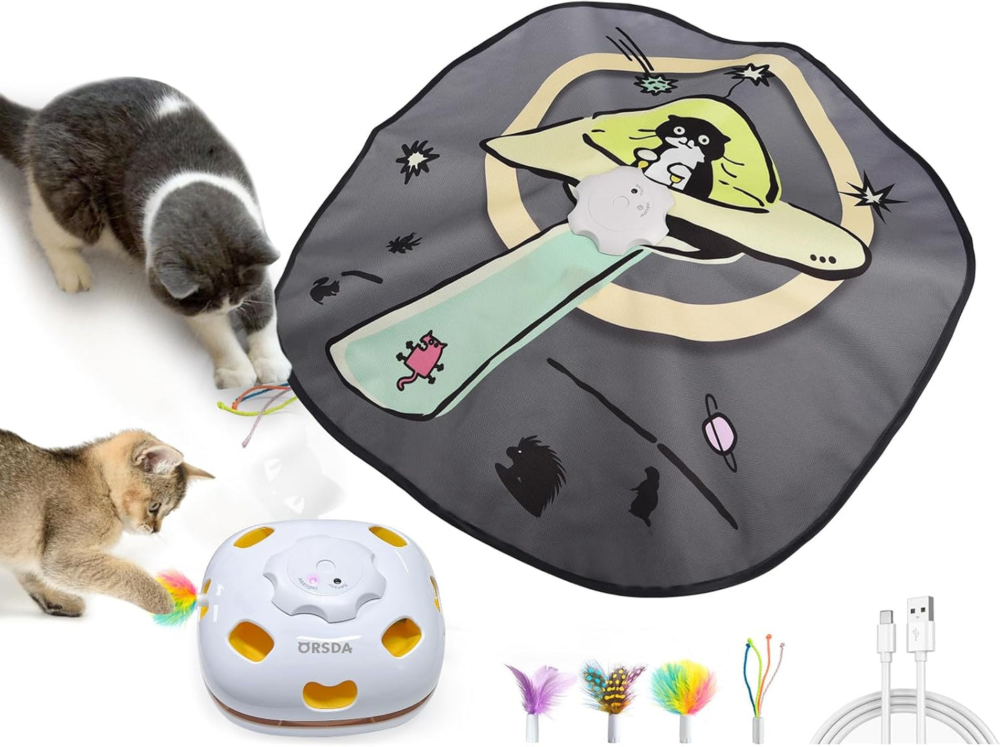 ORSDA Cat Toys Interactive, 4 in 1 Automatic Cat Toy, Hide and Seek, Whack a Mole, Magic Wand, Chasing Feather, with 4 Replacements, USB Rechargeable, for All Breed Sizes
