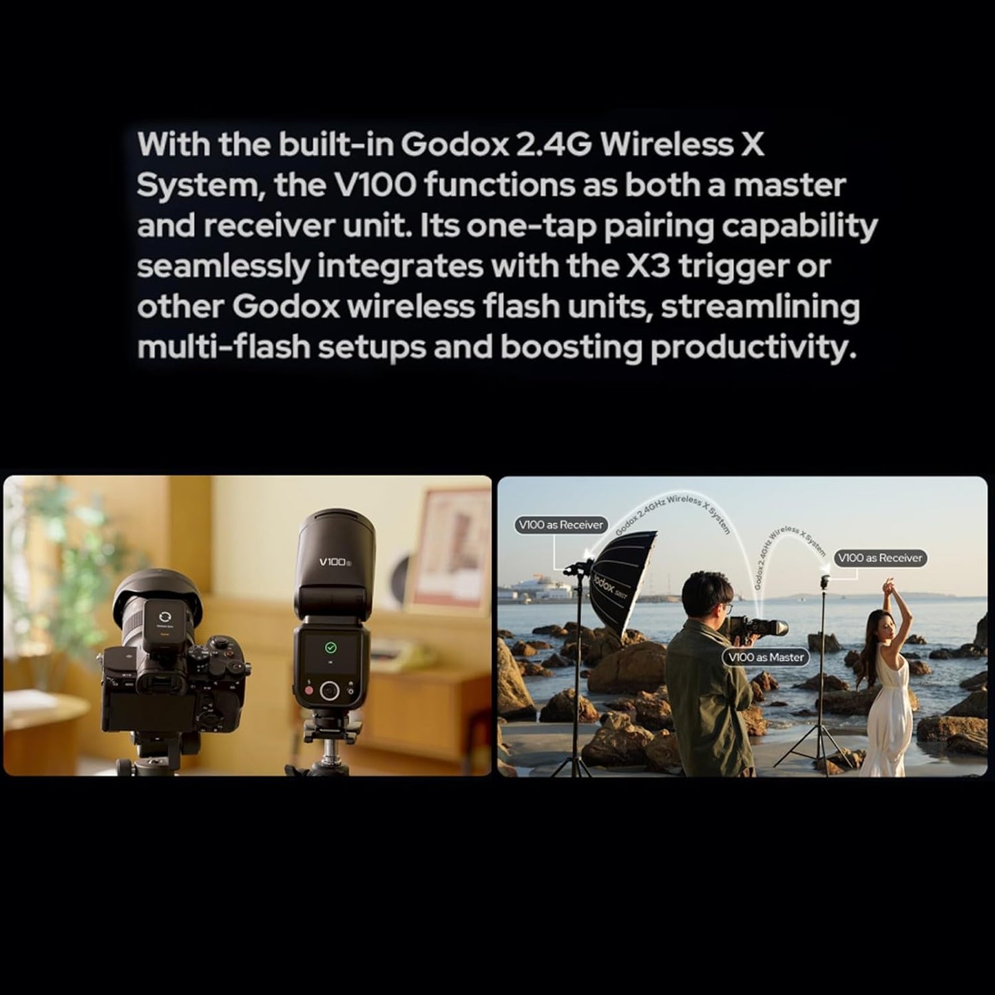 Godox V100S V100-S 100Ws Flash for Sony Camera TTL Speedlight, 400 Full Power Flashes, 1.7s Recycle Time, 2.4G Wireless with External Flash, Touchscreen Flash Speedlite for Sony Cameras (Godox V100-S)