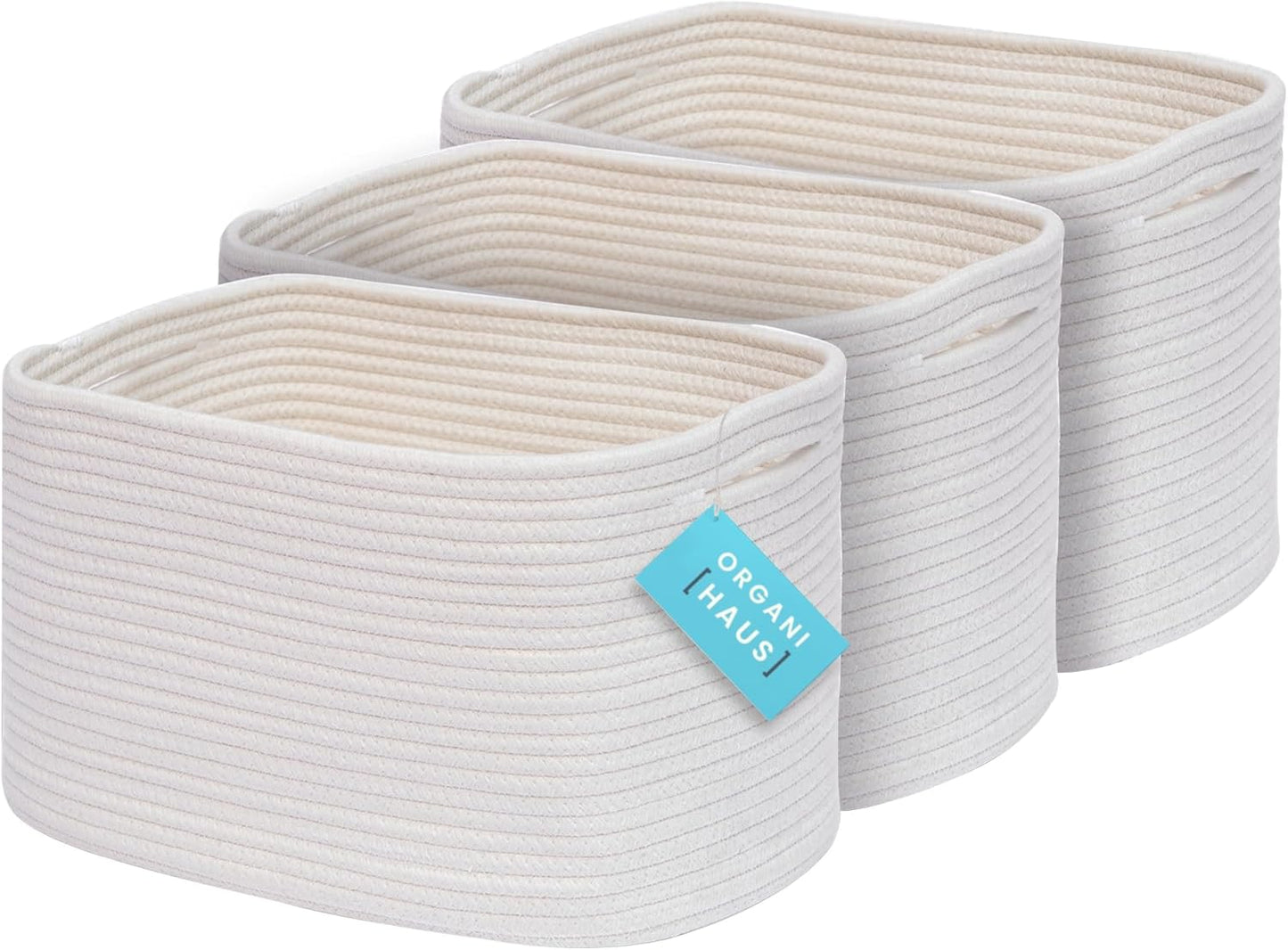 OrganiHaus Soft Woven Baskets for Storage Organization Set of 3, Cotton Rope Nursery Storage Baskets for Shelves, Square Book Bins, Bathroom Towel Hamper, Dog Toy Bins, Panier Rangement - Light Honey