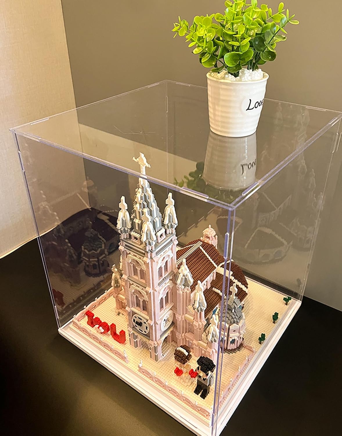 Thickened Clear Acrylic Display Case for Lego 10330 43268 76450 42170 10295 10353 Collectibles, Transparent Box Dustproof Protection with Wood-Plastic Base & String Light, Black Inside 40x20x20cm