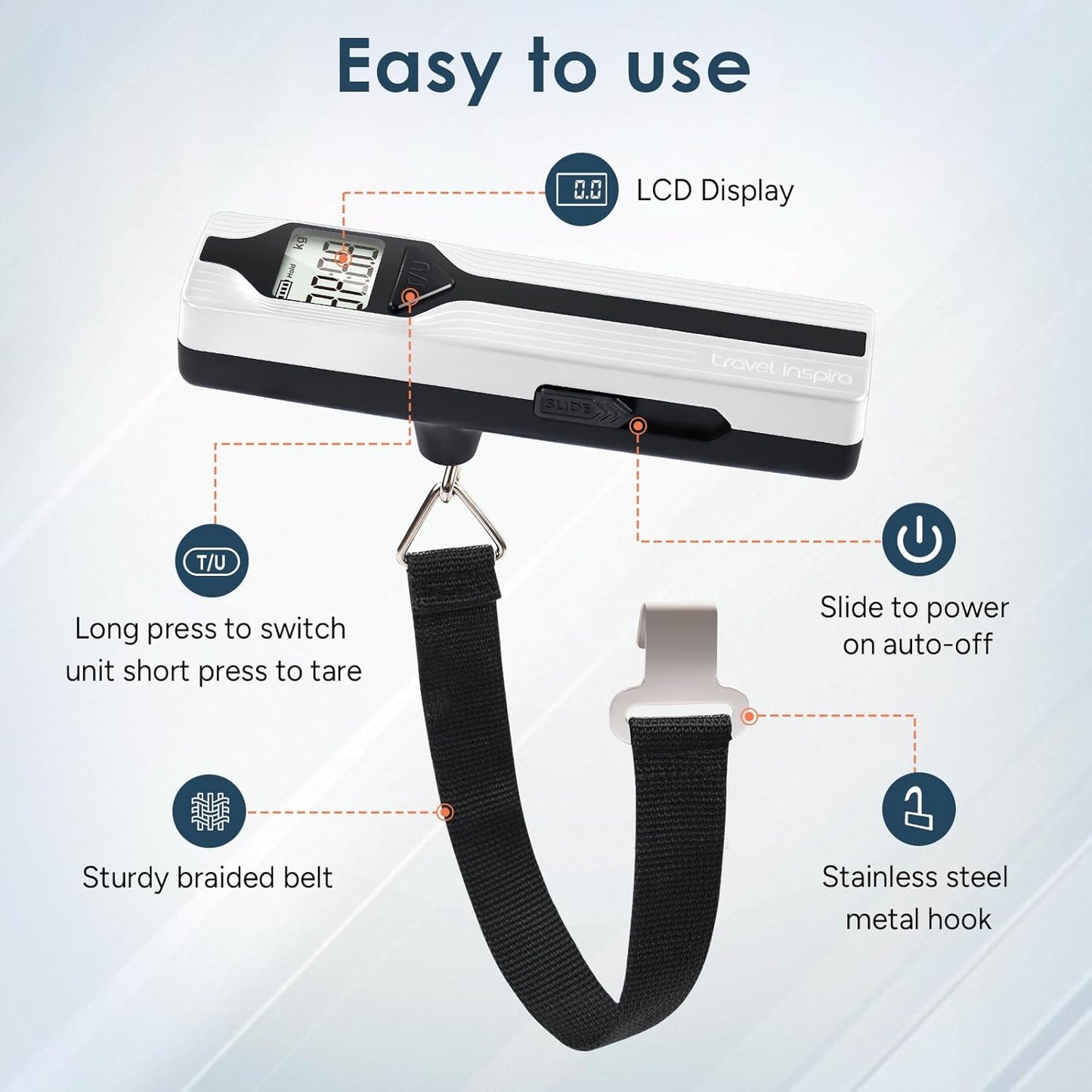 travel inspira Luggage Scale Battery-Free, Travel Essentials, Portable Handheld Digital Suitcase Weight Scale for for Travel Accessories, 110lbs/50kg (Gray)