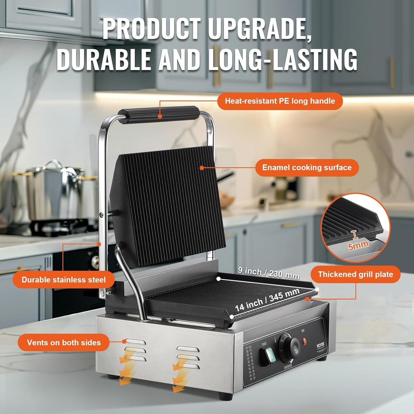 VEVOR 7 IN 1 Electric Contact Grill,1800W Indoor Panini Press Griddle,Stainless Steel Teppanyaki Grill with Nonstick&Removable Iron Plate, 0-446℉ Adjustable Temp Control,LCD Display,110V