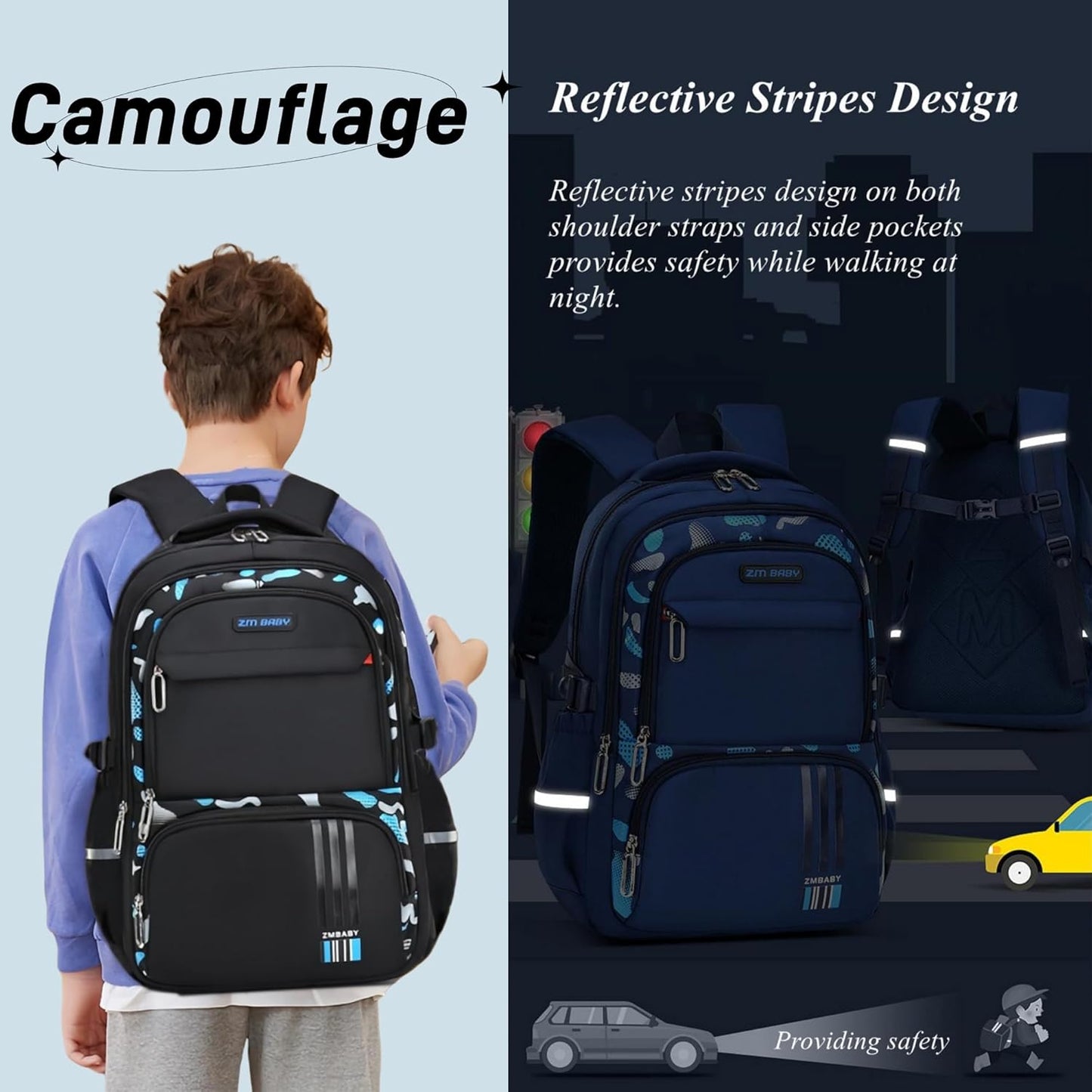 Blue-Camouflage Backpacks for Boys School Elementary, Camouflage Boys School Bags Capacity Bookbags