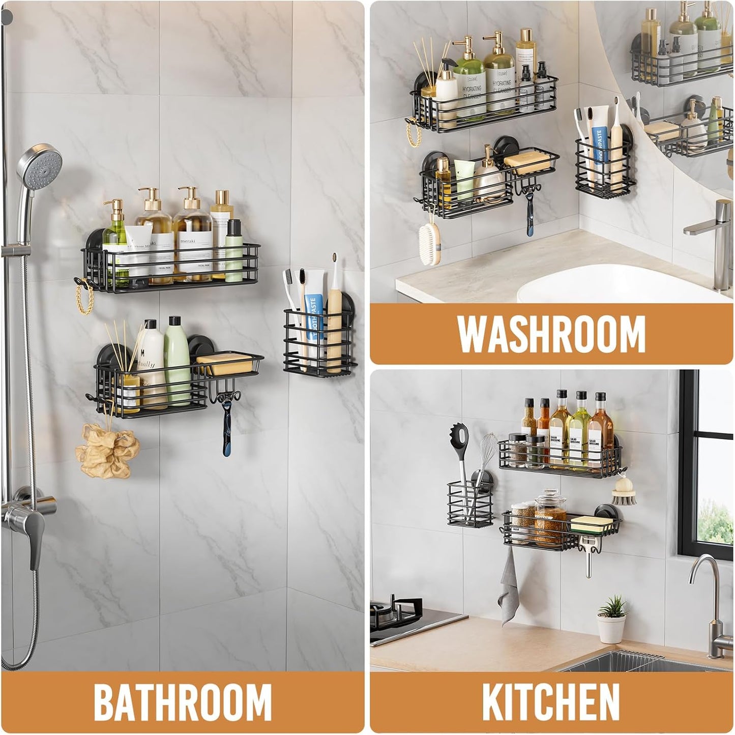 LEVERLOC Shower Caddy Suction Cup, 2 Pack Black Shower Shelf with Hooks and Soap Holder, NO-Drilling Bathroom Organizer, Rustproof Metal Bathroom Storage and Organization