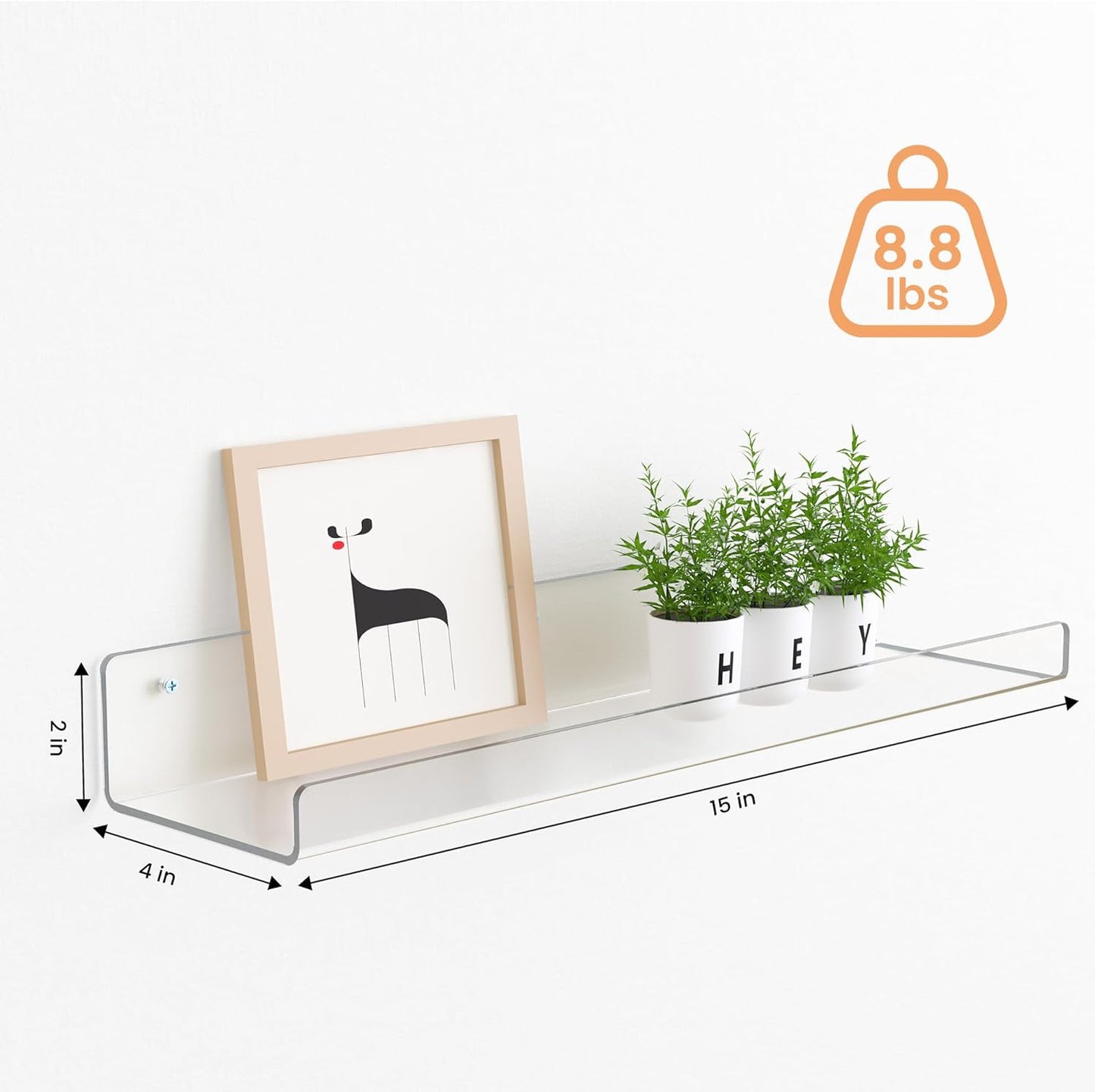 upsimples Clear Acrylic Shelves for Storage, 15" Floating Shelves Wall Mounted for Kids Bookshelf/Display Ledge for Bedroom, Living Room, Bathroom, Kitchen, Set of 4