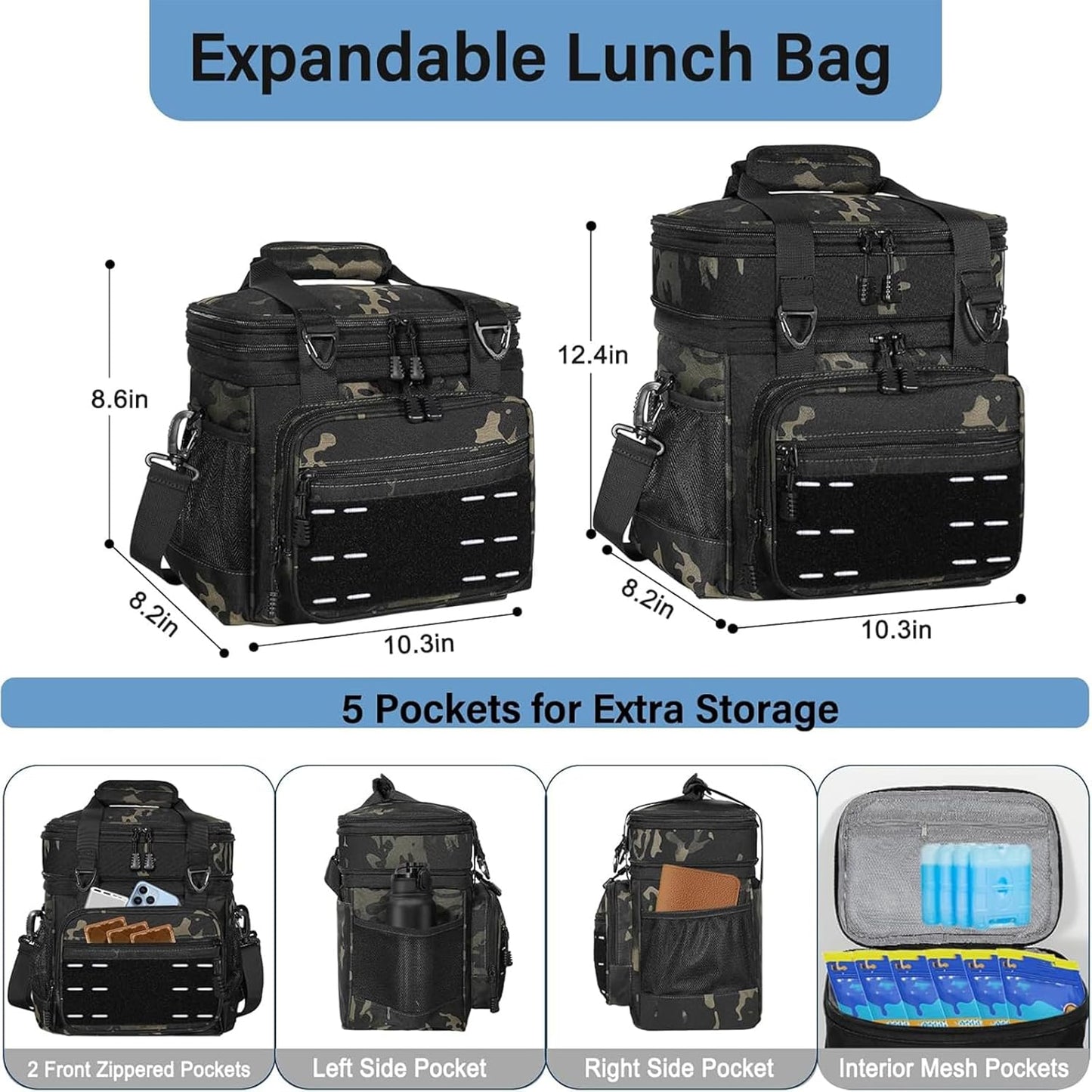 Lunch Box Cooler Bag - Insulated Tactical Lunchbox for Men - XLarge Lunch Pail Lunch Kit for Adults Work Outdoor Shifts Trips Black Camo 25L