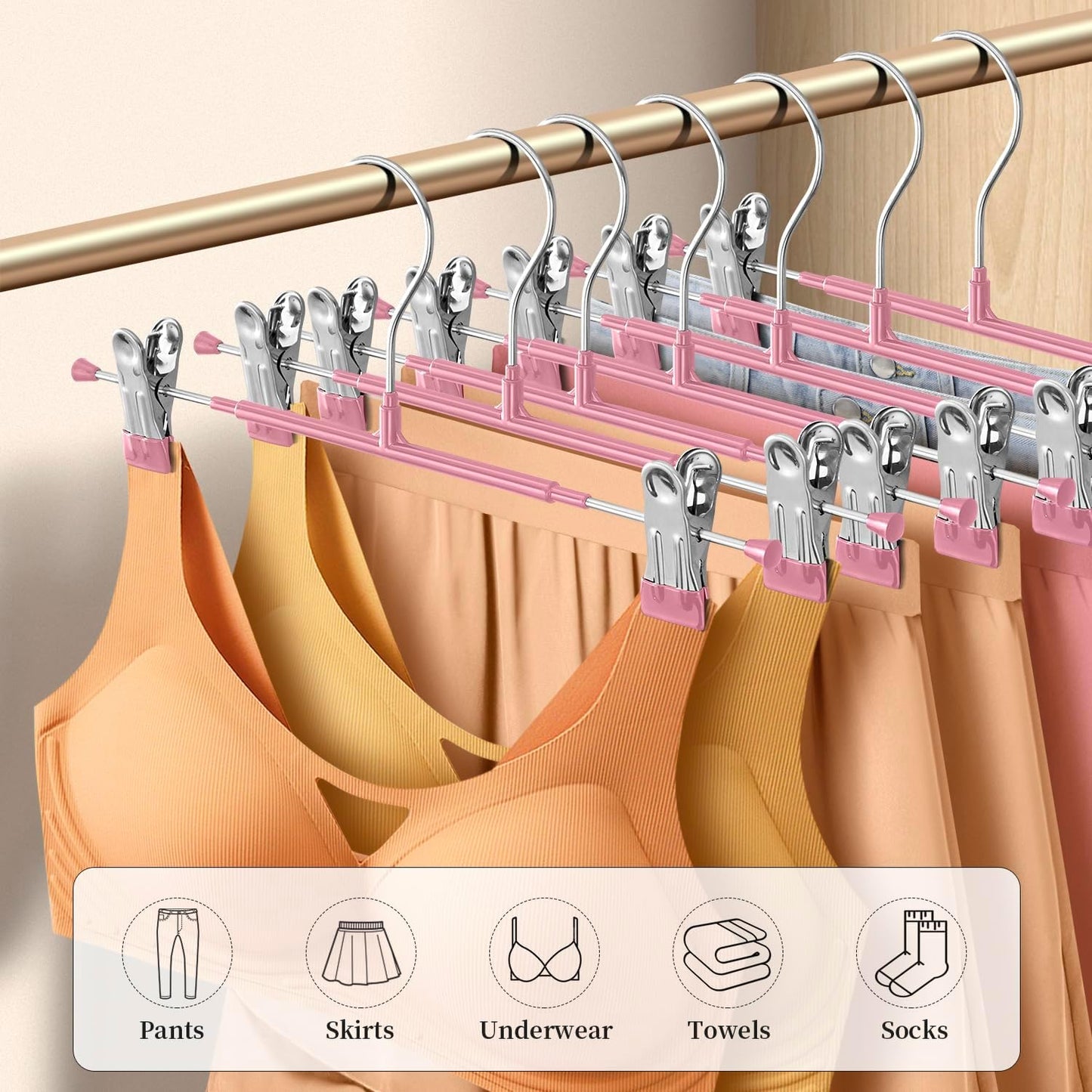 14Inch Black Pants Hangers with Clips 10 Pack Adjustable Skirt Hangers for Women Non-Slip Trousers Hanger for Jeans Clothes Hangers for Pants Heavy Duty Space Saving Shorts Hangers