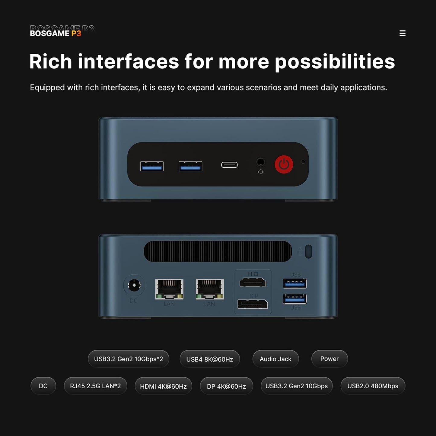 BOSGAME P3 Lite Mini PC, AMD Ryzen 7 6800H Mini Computers, 24GB DDR5, 1TB PCIe SSD, 4K Triple Display & USB4, Dual 2.5G LAN & Wi-Fi 6E & BT5.2, Desktop Computers for Gaming, Office, Design