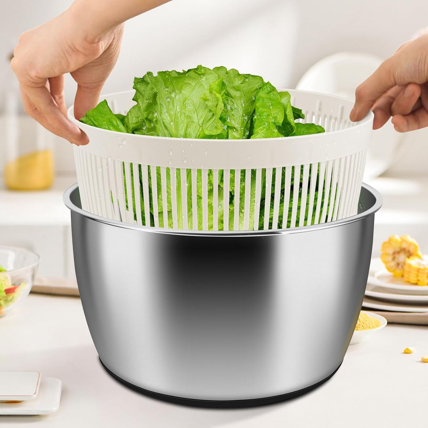RAINBEAN Salad Spinner Stainless Steel Large, Multi-Use Lettuce Spinner Wash Spin and Dry Fruits and Vegetables with Drain Bowl Colander Spinner (5 Qt)