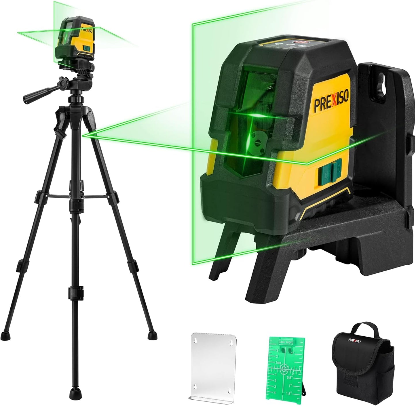 PREXISO Laser Level Self Leveling, 100 Ft Rechargeable & Selectable Green Cross Line Laser Level for Construction, Floor Tile, Home Renovation with Magnetic Pivoting Base, Target Plate & Portable Bag