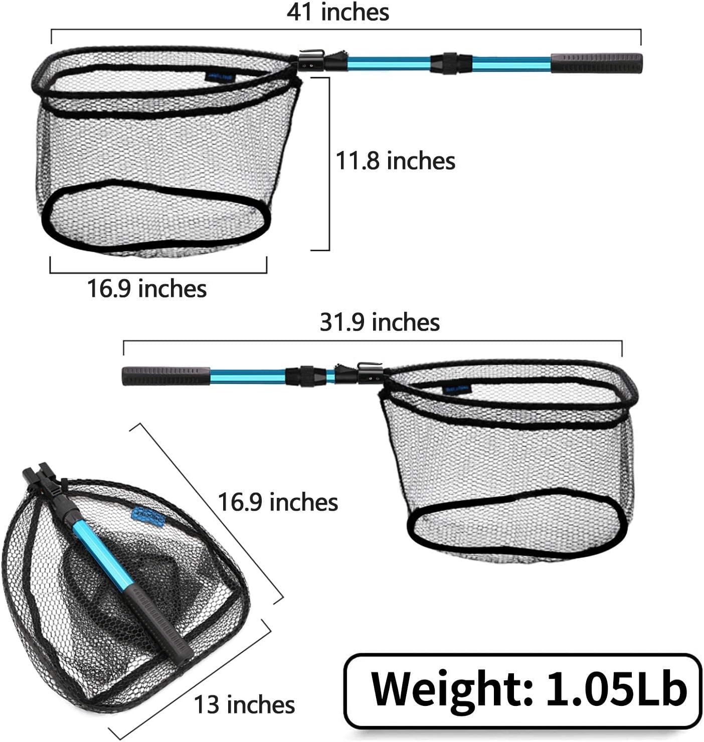 SAN LIKE Fishing Net Telescopic Landing Nets Folding Rubber Fish Net Rubber Coated Landing Net with Adjustable Sturdy Pole Handle for Saltwater Freshwater Bass Trout Fishing Easy Catch & Release