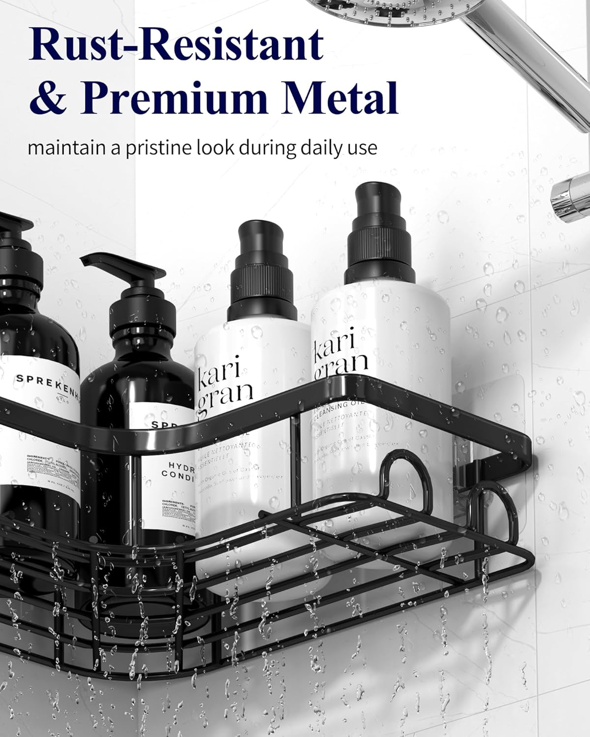 Kitsure Corner Shower Caddy - 2 Pack Rustproof Shower Organizer, Durable Shower Shelf with Large Capacity, Drill-Free Adhesive Bathroom Shelves with 4 Movable Hooks, 11.0 x 21.5 x 4.5cm, Black