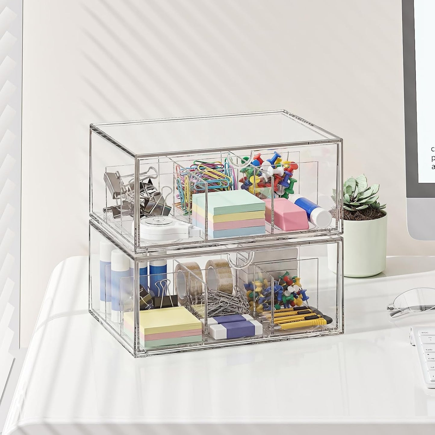 2 Pack Coffee Pod Storage Drawer, Stackable Tea Bag Organizer with Dividers, Acrylic Coffee and Tea Packet Holder, Clear Plastic Storage Bins for Kitchen Pantry, Countertop or Cabinet