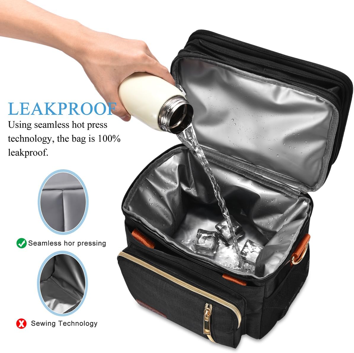 Lunch Bag for Women Men Double Deck Lunch Box - Leakproof Insulated Soft Large Lunch Cooler Bag, MIYCOO (Black,15L)