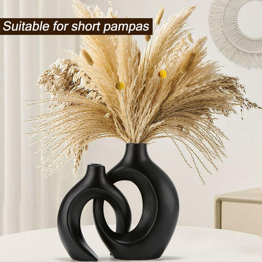 Black Hollow Ceramic Vase Set of 2, Unique Round Modern Vase for Nordic Minimalist Style Decor, Donut Boho Aesthetic Vase for Coffee & Kitchen Table, Pampas Grass Living Dining Room Decoration