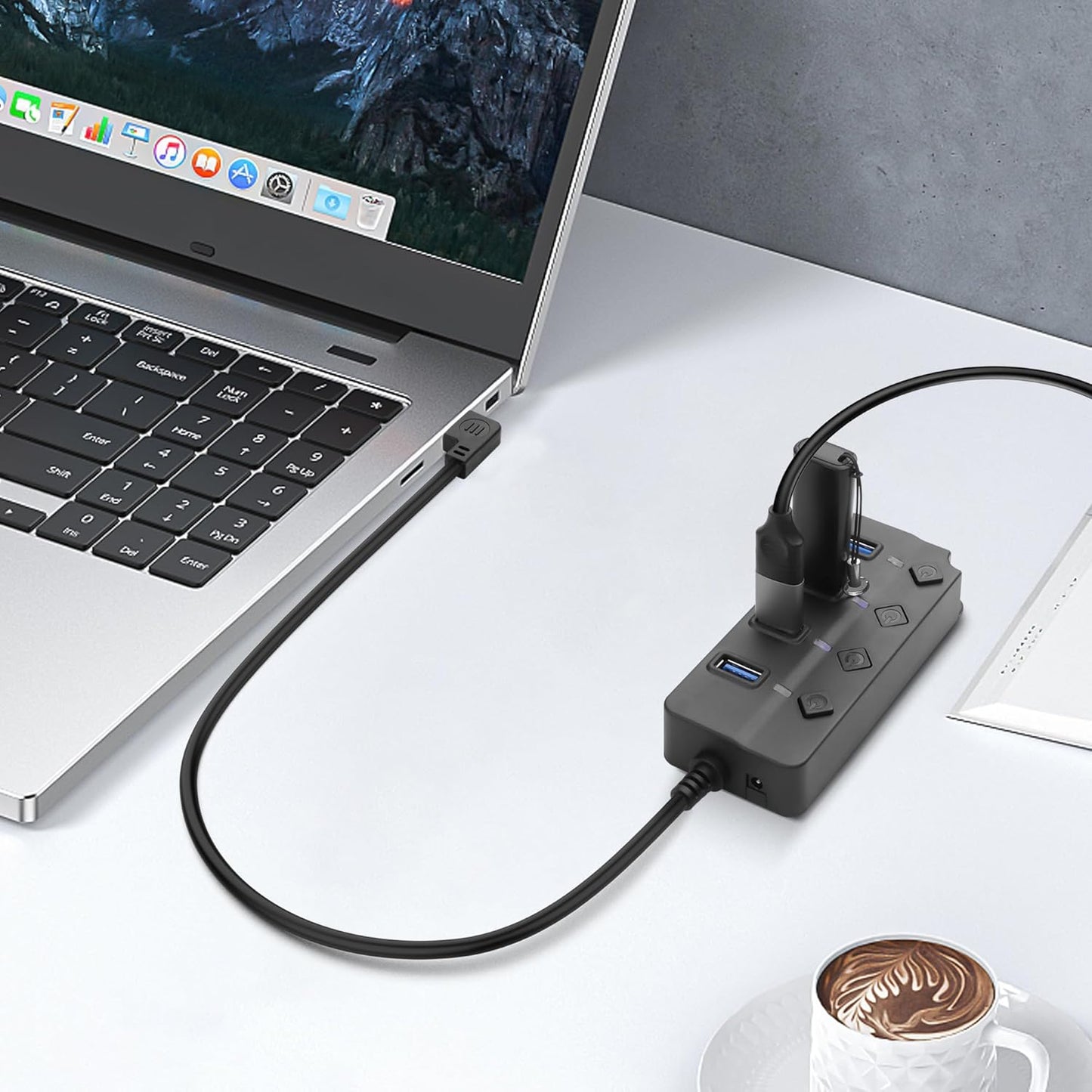 90 Degree USB Hub Splitter YACSEJAO USB 2.0 Data Hub with Individual LED Button On/Off Switch DC5.5 * 2.1 Power Port for Laptop,PC Computer (7 Ports, 0.3M)