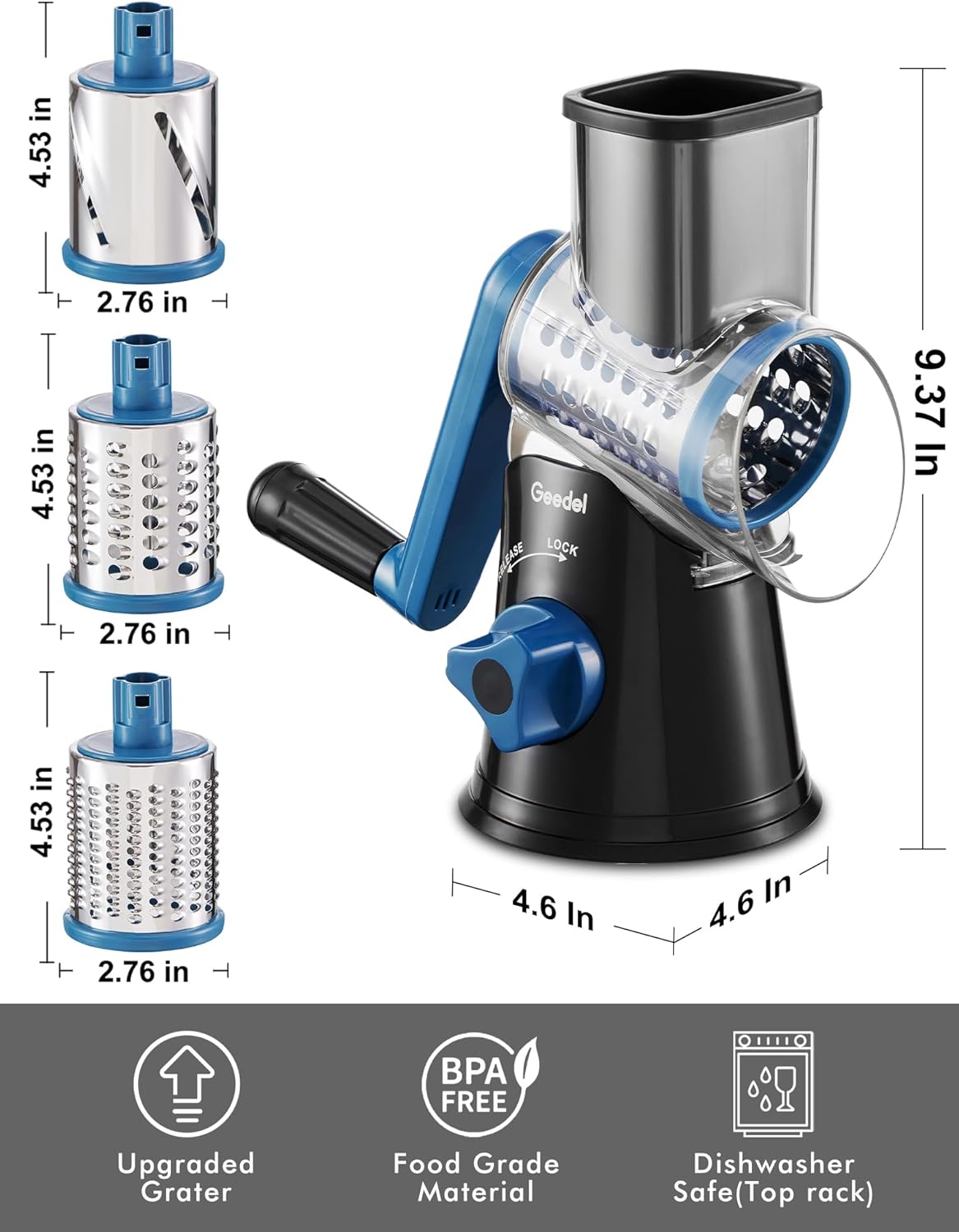 Geedel Kitchen Cheese Grater, Rotary Mandoline Vegetable Slicer with Interchangeable Blades, Easy to Use Rotary Grater Slicer for Fruit, Vegetables, Nuts