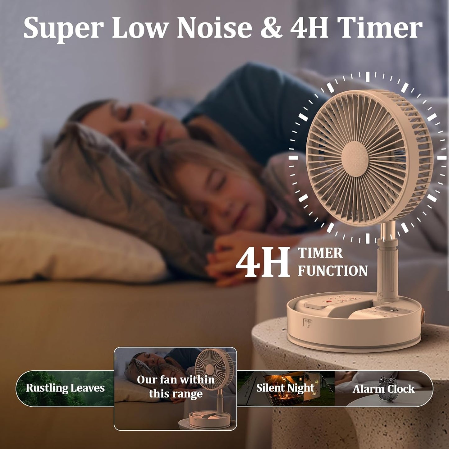 HHT Foldable Portable Standing Fan with Remote, 8" Rechargeable Floor Fan, 120° Quiet Oscillating Fan, 4 Speeds, LED Light, Timer, 7200mAh Battery, Adjustable Height Table Fan for Home Travel