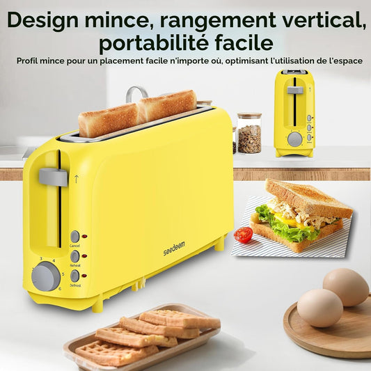 SEEDEEM Grille-pain fin à 2 tranches, grille-pain simple avec fente longue de 25,4 cm adaptée aux bagels et au pain artisanal, 6 réglages d'ombrage, annuler/réchauffer/décongeler, bac à miettes
