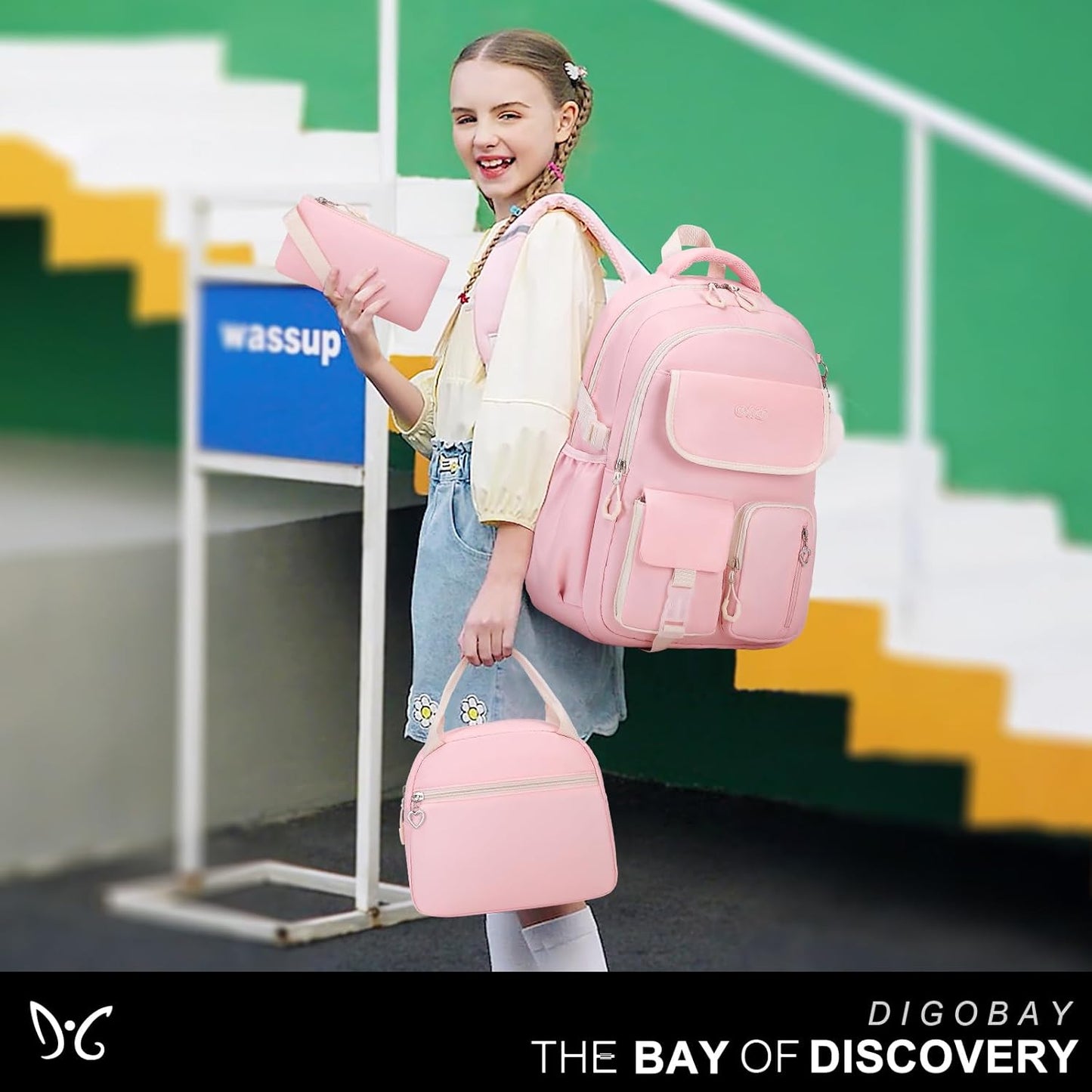 3PCS School Backpack for Girls with Lunch Box Pencil Pouch for Teen Girls Children Elementary Primary Middle High College Daypack School bag Bookbag Set Pink