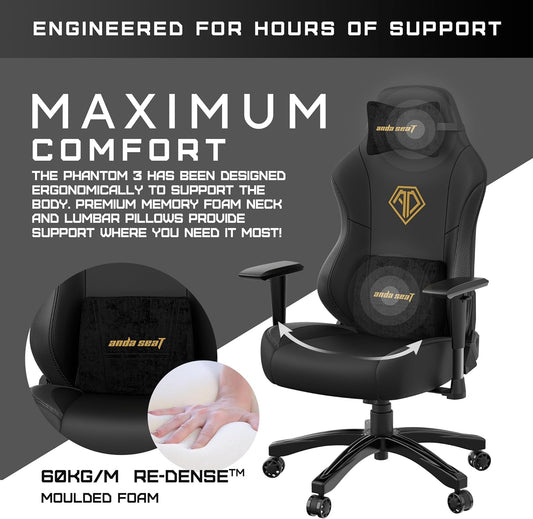 Anda Seat Phantom 3 Gaming Chairs for Adults - Large Ergonomic Computer Chair with Lumbar Support, Comfortable Leather Video Game Chairs with Headrest - Black Gold Recliner Desk Gaming Office Chair