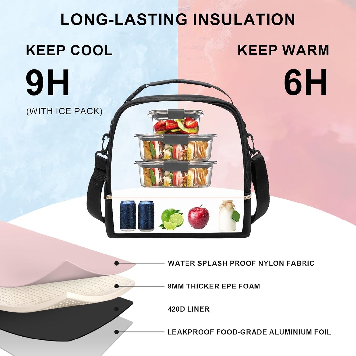 Everfun Womens Lunch Box Two Compartments Insulated Lunch Tote Bag Large Leakproof Soft Cooler for Work Picnic Travel, Black