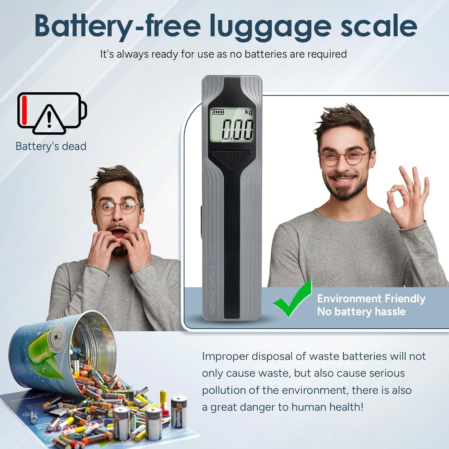 travel inspira Luggage Scale Battery-Free, Travel Essentials, Portable Handheld Digital Suitcase Weight Scale for for Travel Accessories, 110lbs/50kg (Gray)