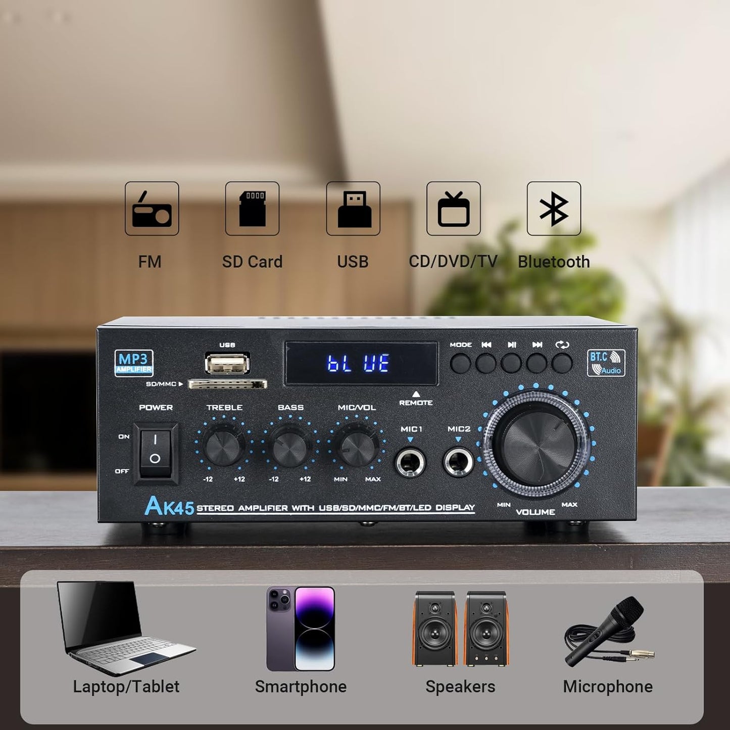 Stereo Receiver Amplifier Home Audio Amp, AK45 Bluetooth Receiver for Home Stereo, 300Wx2, Bluetooth 5.0, 2 Channel Amp with USB/SD/RCA/MIC/FM and Remote for Karaoke Party