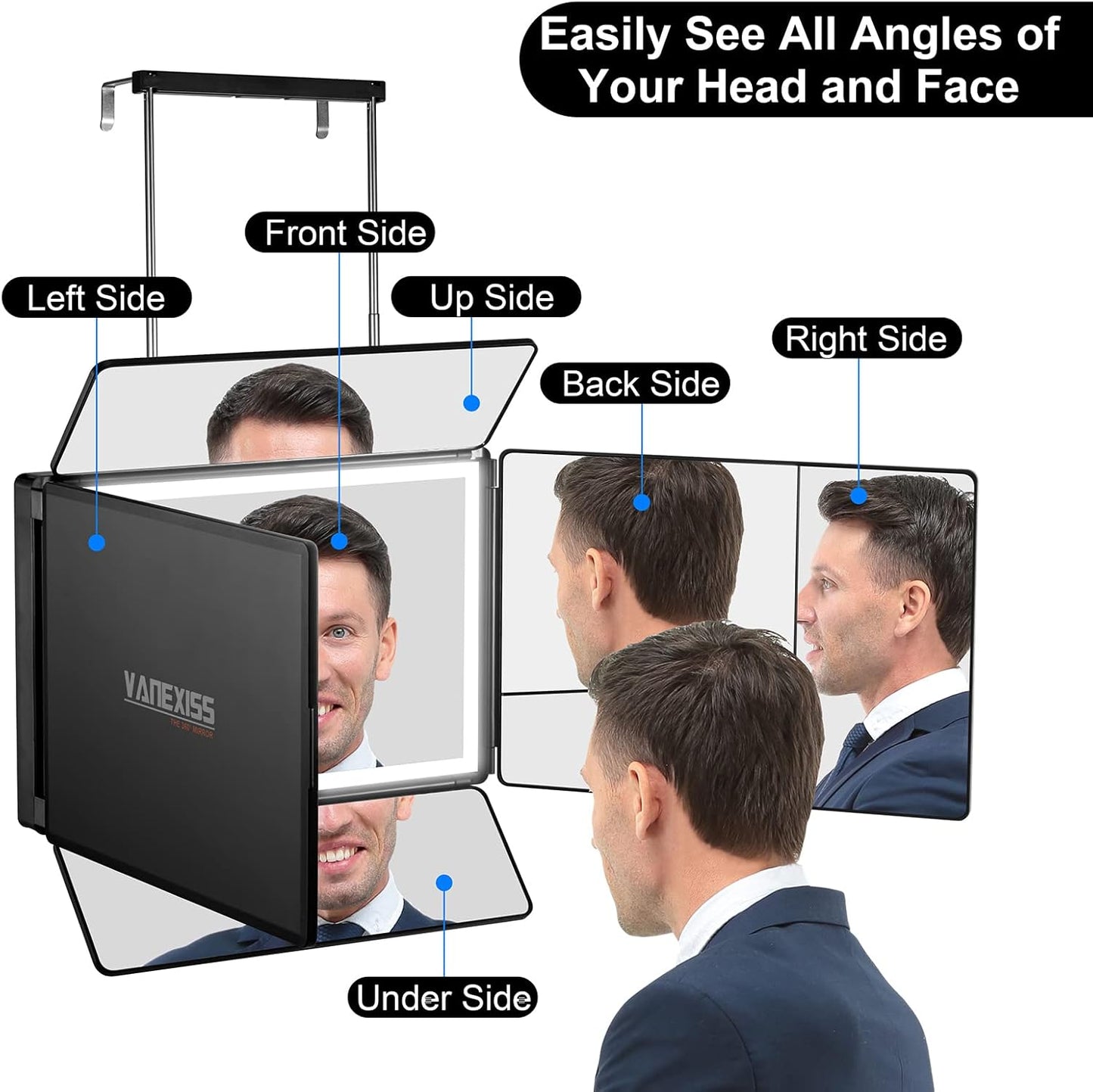 Rechargeable 5 Way Mirror for Hair Cutting, Real Glass Adjustable Trifold Mirror with Light & Telescoping Hooks for Makeup & Styling - Portable DIY Tool to Cut, Trim or Shave Your Head & Neckline
