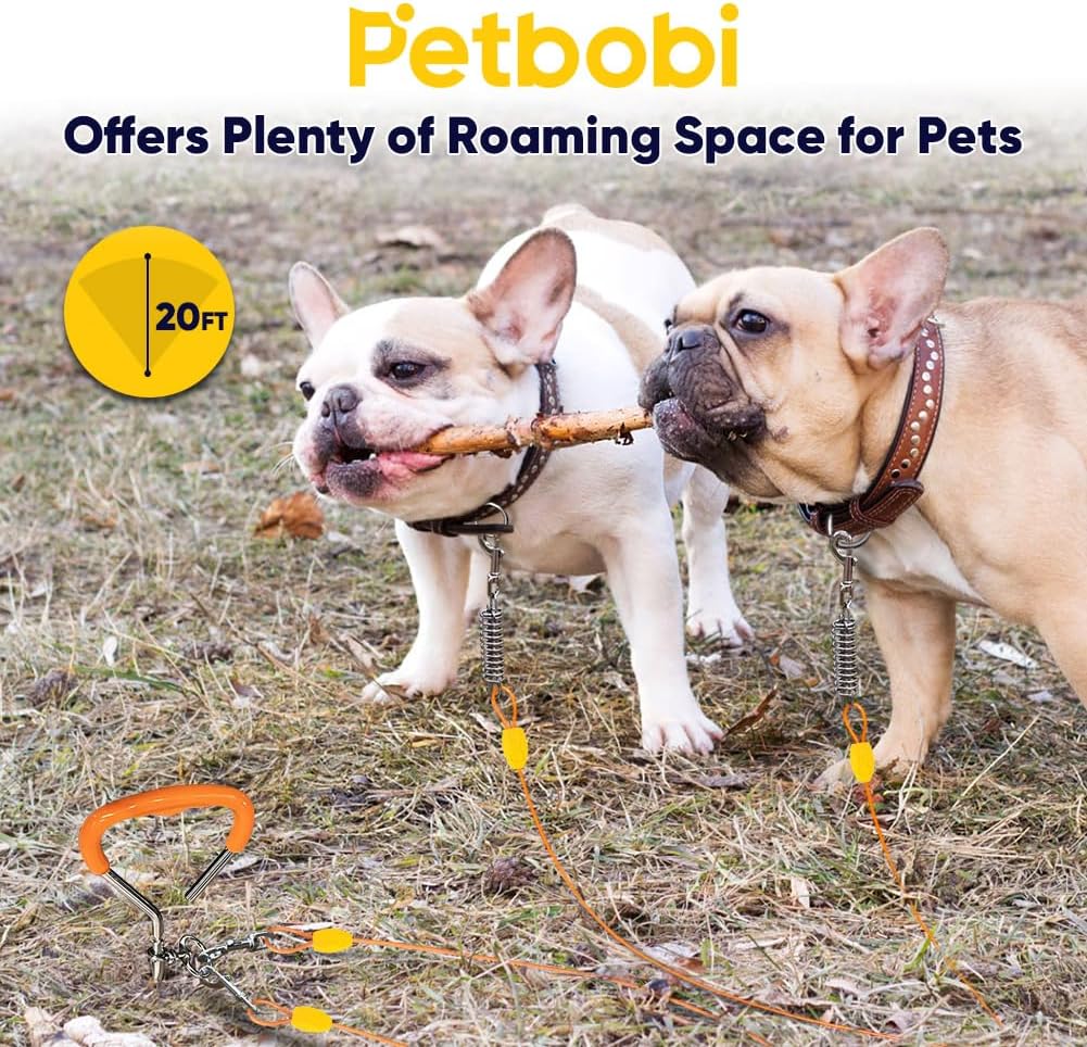 Petbobi Dog Tie-Out Cable and Stake - 30ft Heavy Duty Cable with Spring, No Tangle, 16in Ground Stake, Ideal for Yard, Camping and Beach, Suitable for Small Medium Large Dogs Up to 120 lbs, Blue