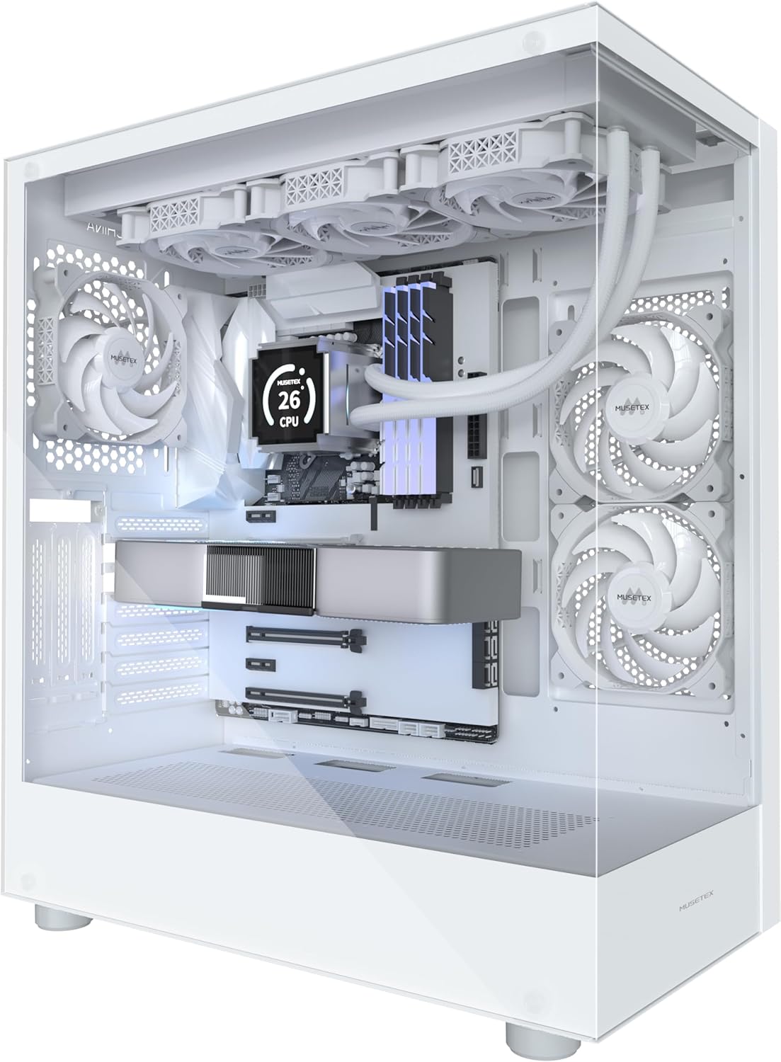 MUSETEX PC CASE ATX 3 Non-LED Fans Pre-Installed, Type-C Mid Tower Computer Case with Full View Dual Tempered Glass, Gaming PC Case,White(K2)