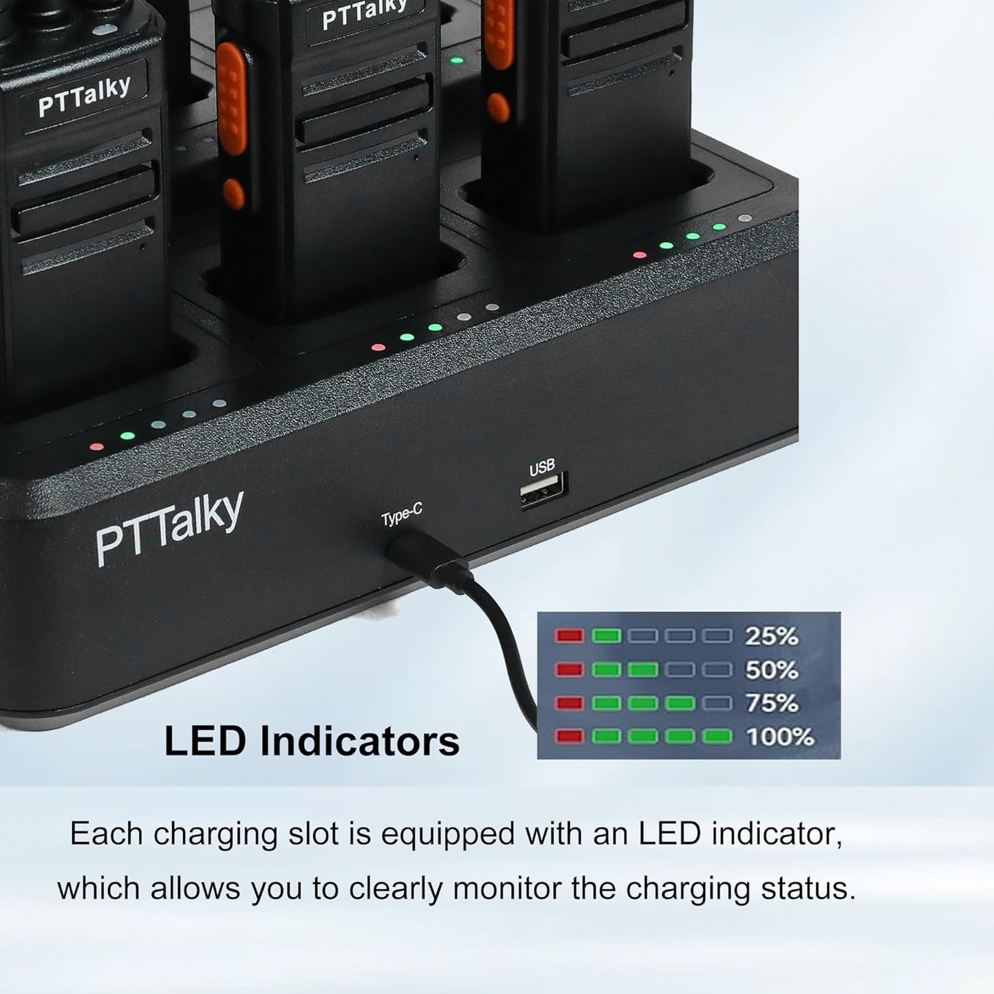 PTTalky FR1 Walkie Talkies with 6-Way Charger, Long Range Walkie Talkies, USB-C Charging, VOX, with Earpieces, 2 Way Radios for Business School Warehouse