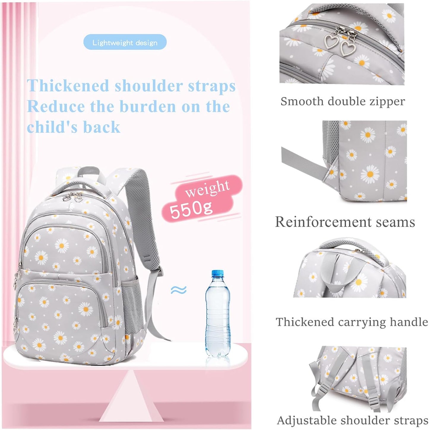 3Pcs Daisy Prints Backpack for Girls Bookbag set Primary School Daypack Elementary Students Knapsack with Lunch Box