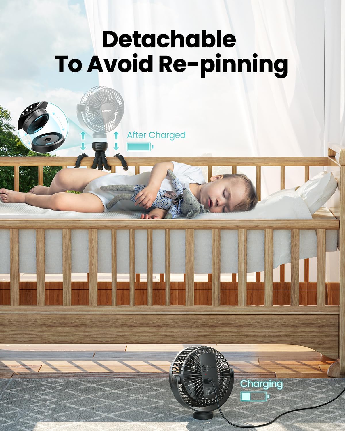 Gaiatop Mini Portable Pram Fan, Rechargeable Small Clip on Fan for Stroller, Detachable 3 Speed 360 Degree Rotate Flexible Tripod Handheld Desk Cooling Car Seat Crib Treadmill Travel Black