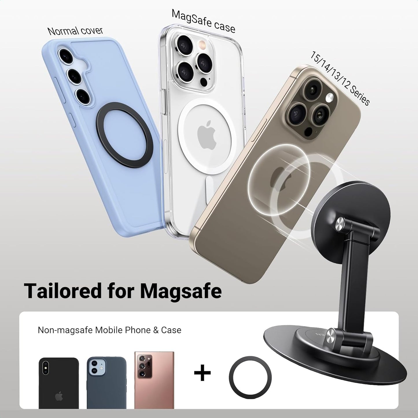 UGREEN Magsafe Phone Stand Magnetic Holder for Desk 360° Rotating Adjustable Height Foldable Portable Travel Mount Metal Ring Compatible with iPhone 16 15 Pro Max 14 13 12,Galaxy S24 Ultra S23