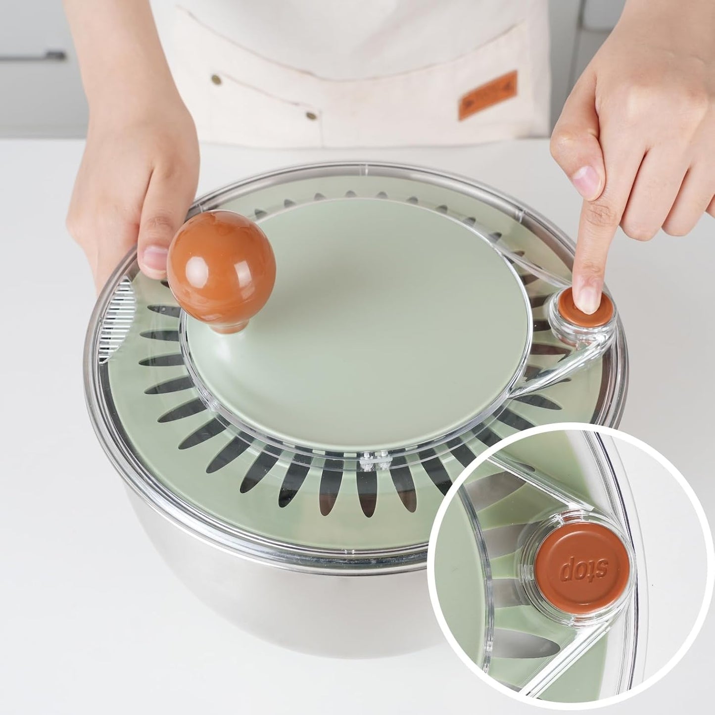 Shatomo Stainless Steel Salad Spinner, 5L Lettuce Spinner with Non-Slip Base, Drain and Stop Button, Fruit and Vegetable Washer and Dryer Spinner
