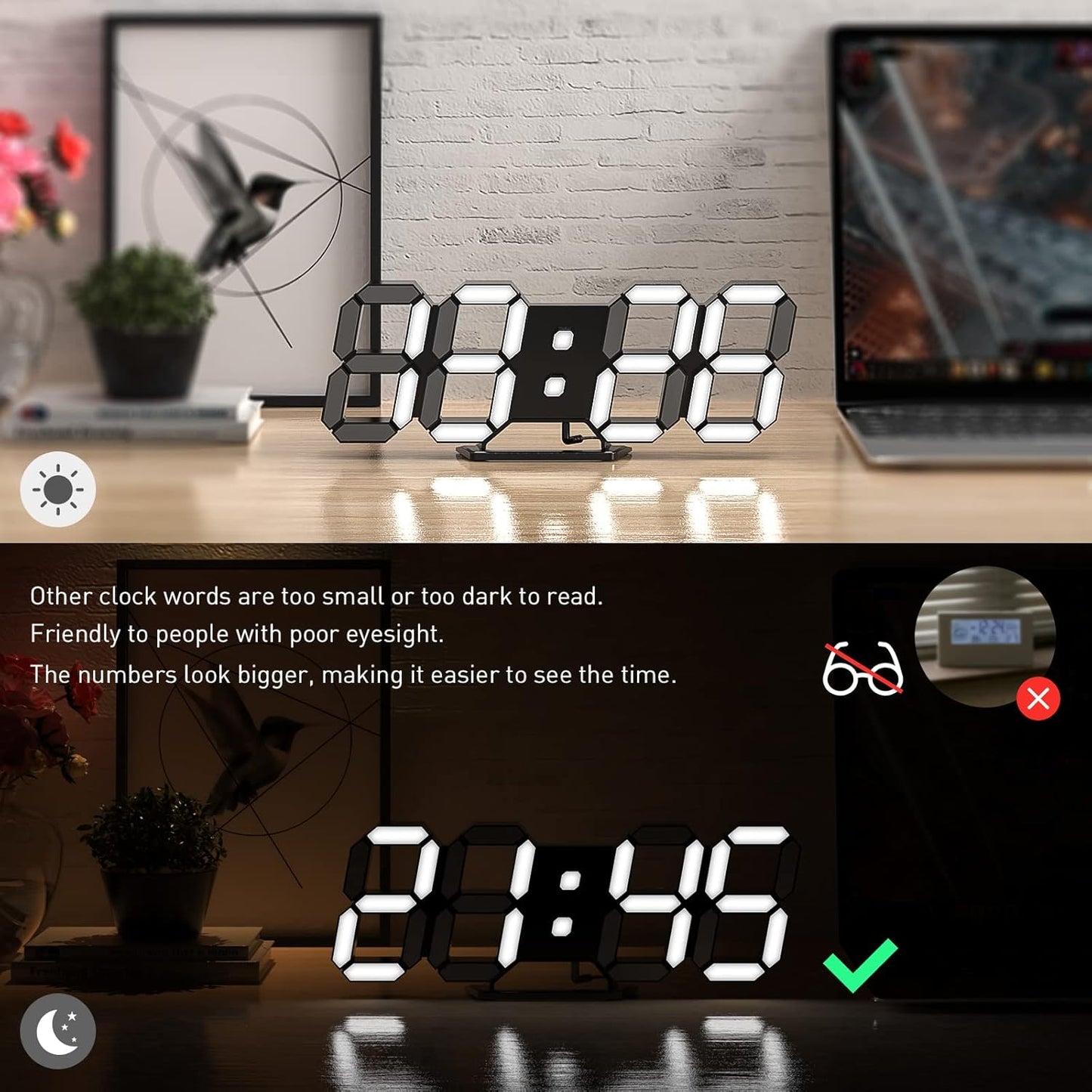 EDUP HOME 3D LED Wall Clock Desk Alarm Clock 7 Colors 9.7" with Remote Control, Digital Alarm Clock Adjustable Brightness Timer 12/24 Hr Time/Date/Temperature for Kid Bedroom/Kitchen/Office